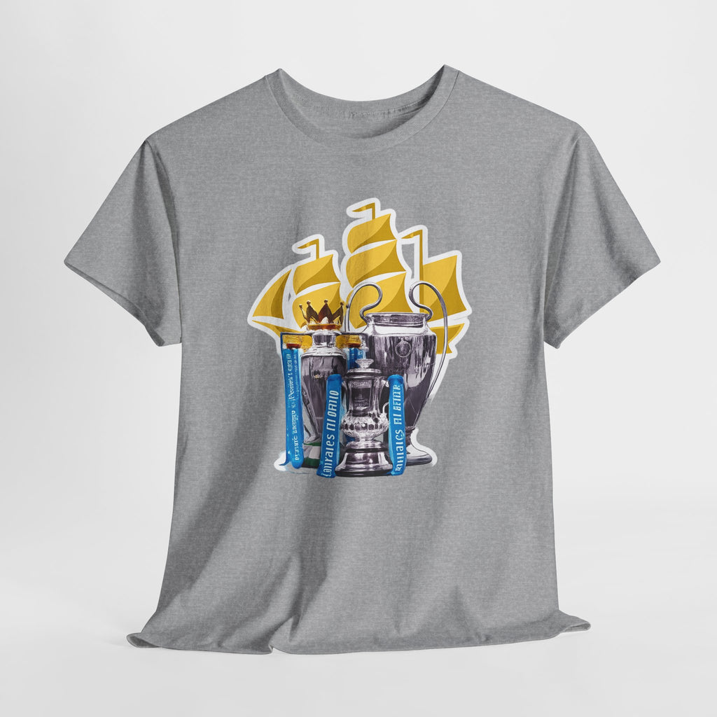 Manchester City Champions Trophy Tee – Golden Cups & Blue Scarves Football Fan Shirt