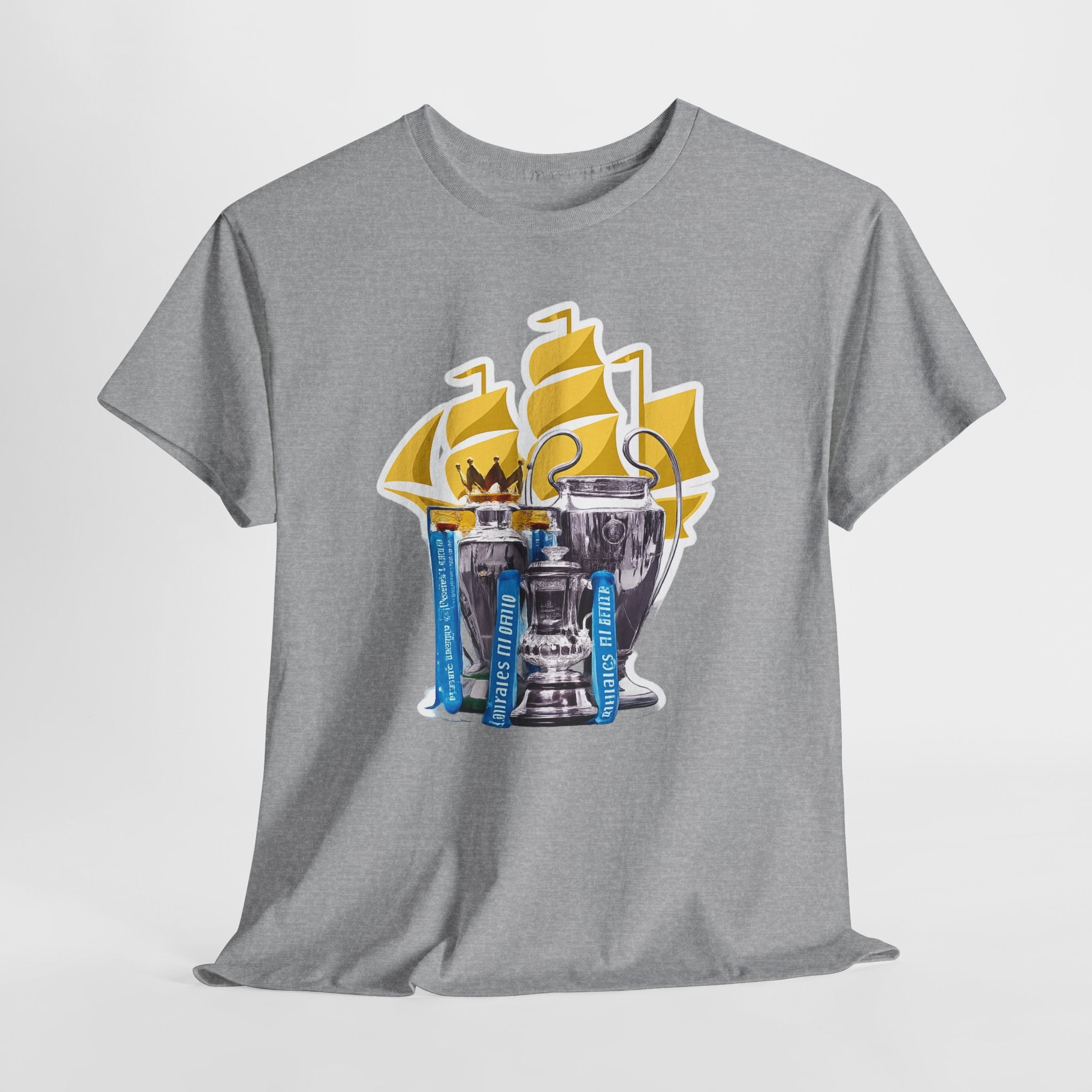 Manchester City Champions Trophy Tee – Golden Cups & Blue Scarves Football Fan Shirt