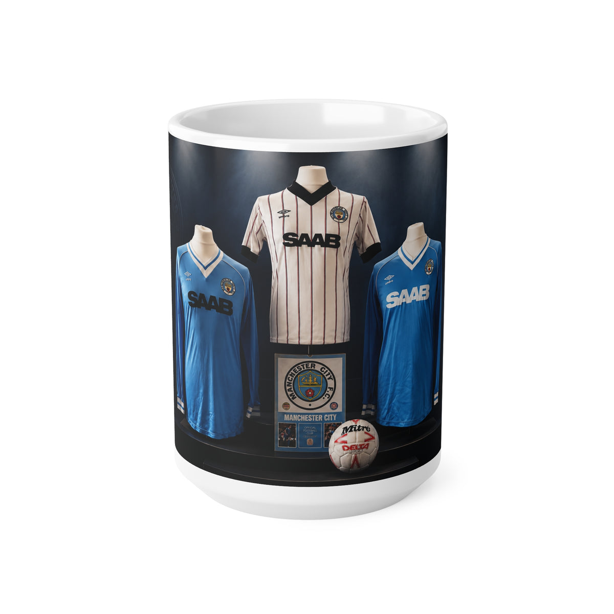 Manchester City Retro Saab Football Jersey Ceramic Mug — Vintage Soccer Memorabilia Coffee Cup (11oz/15oz)