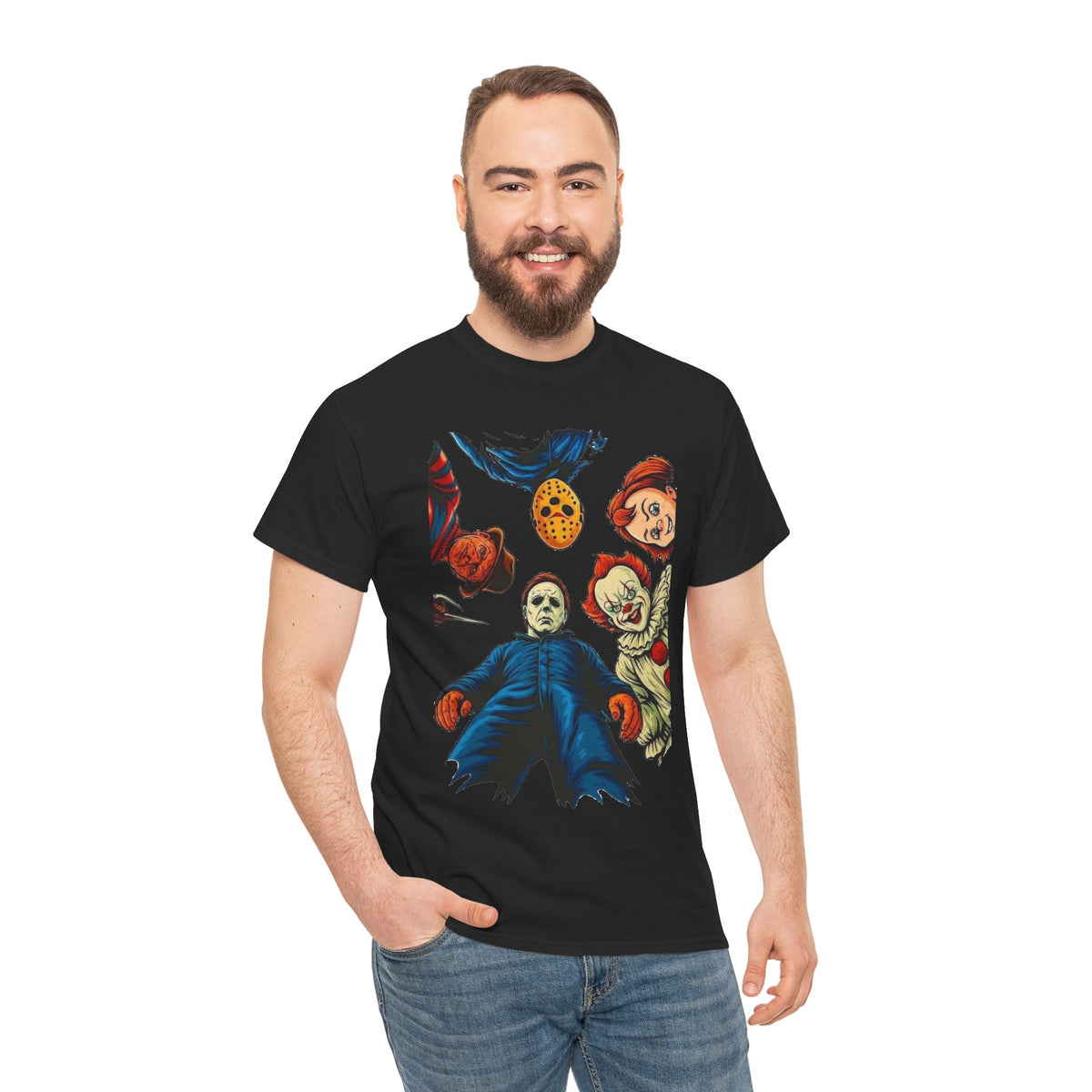 Horror Movie Icons Graphic Tee — Michael Myers, Jason & Classic Clowns Halloween T-Shirt