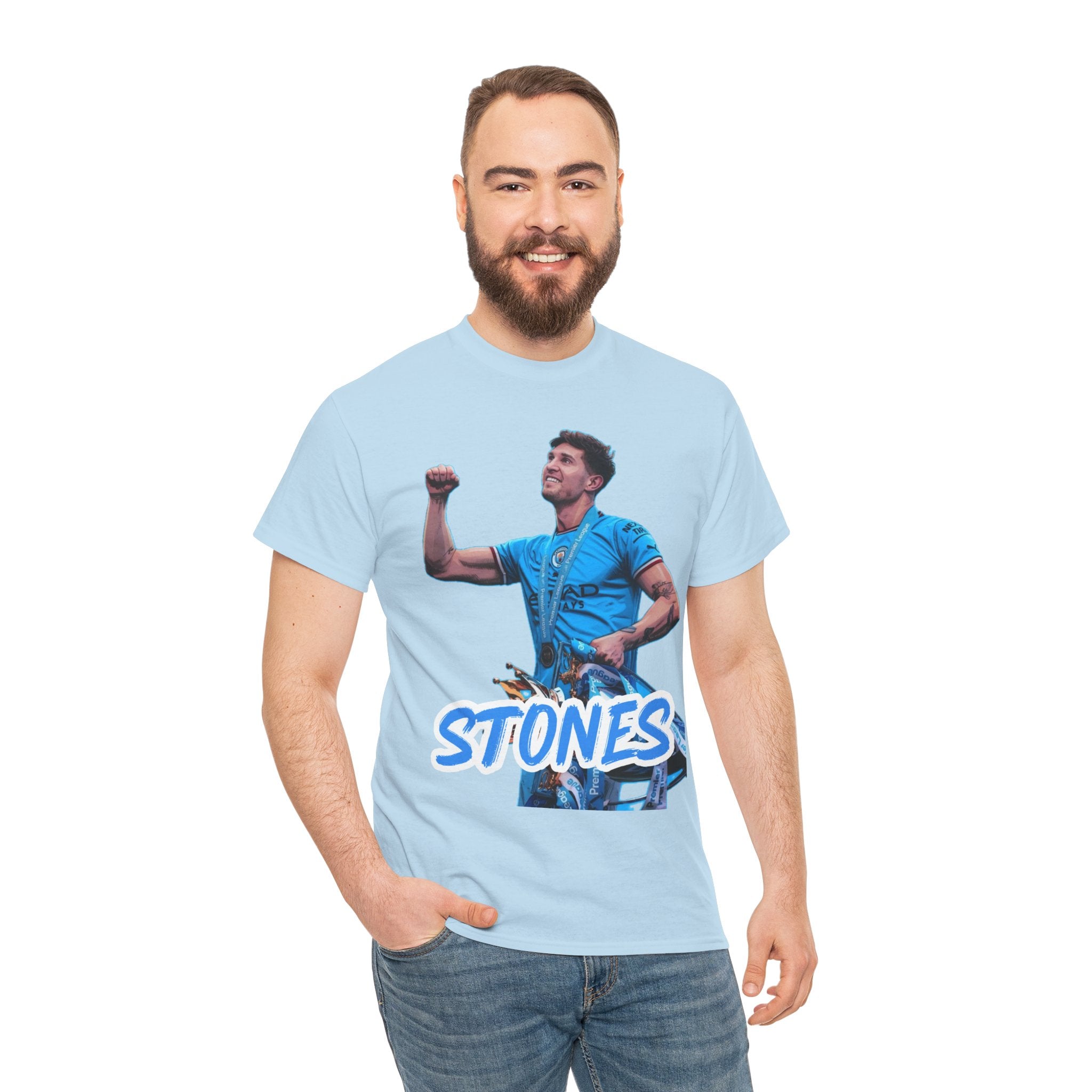 John Stones Manchester City Soccer Fan Tee — Blue Player Graphic T-Shirt