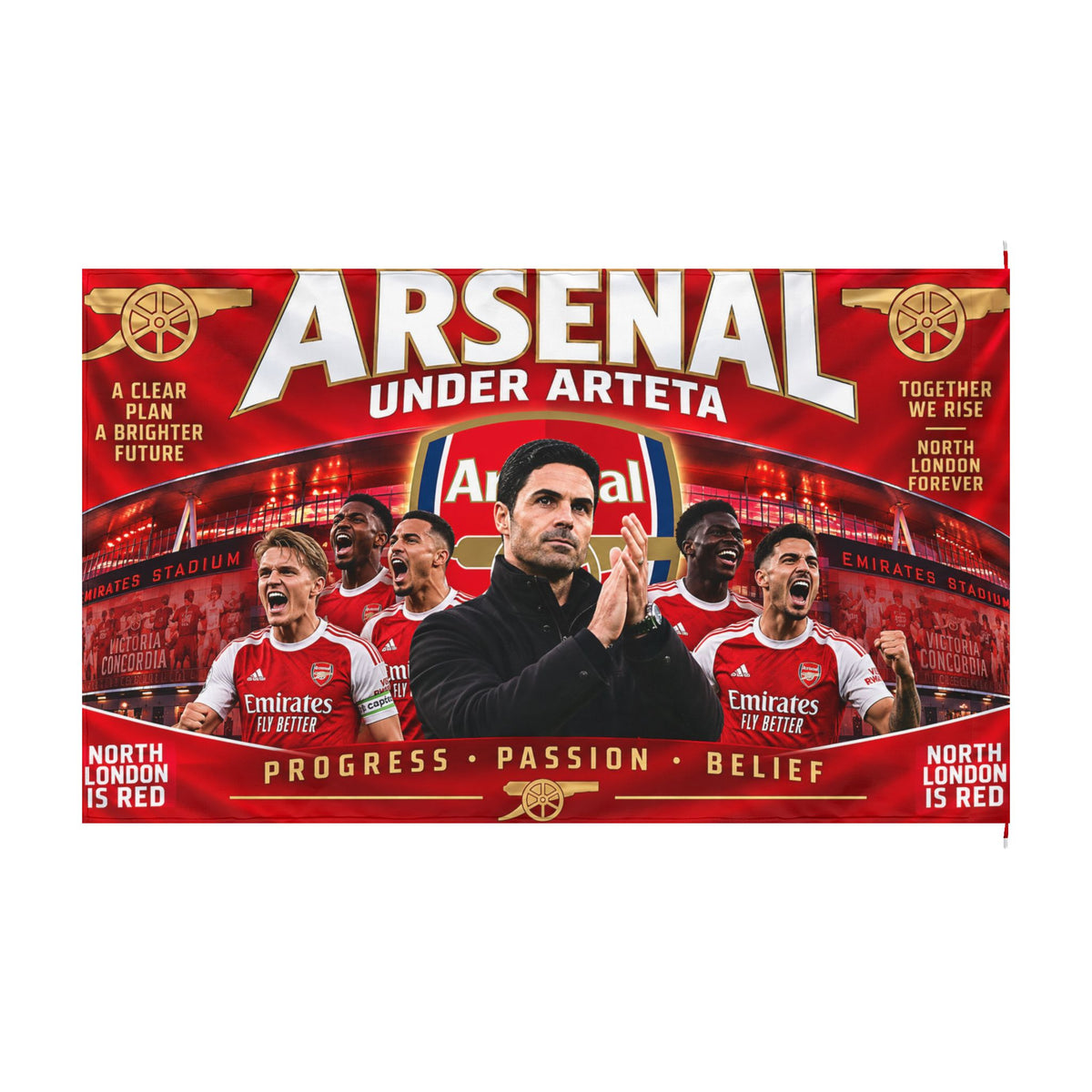 Arsenal Under Arteta Double-Sided Fan Flag — Progress, Passion & Belief