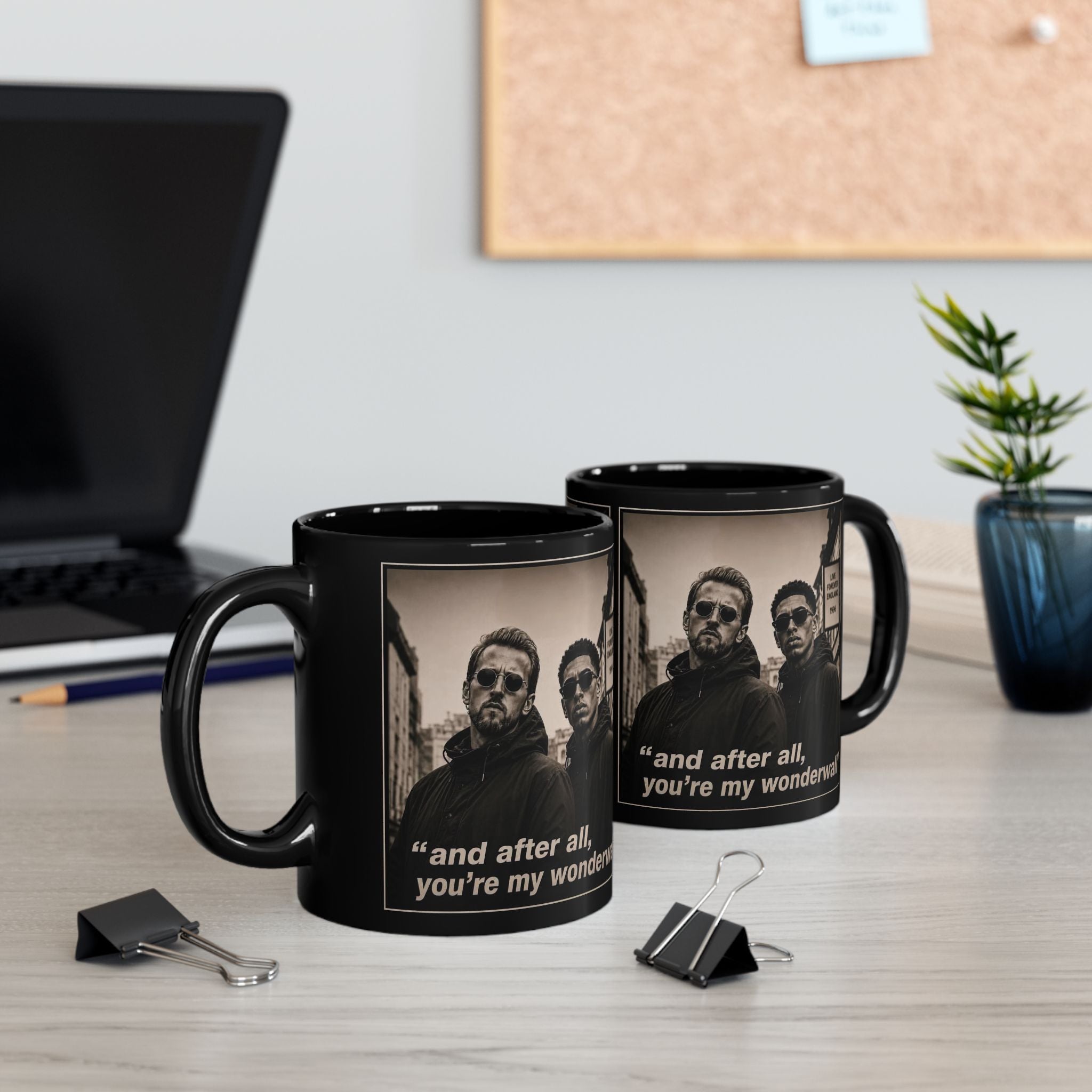 Kane and Bellingham Lyric Photo Black Mug — “and after all, you’re my wonderwall” Band Tribute Coffee Cup
