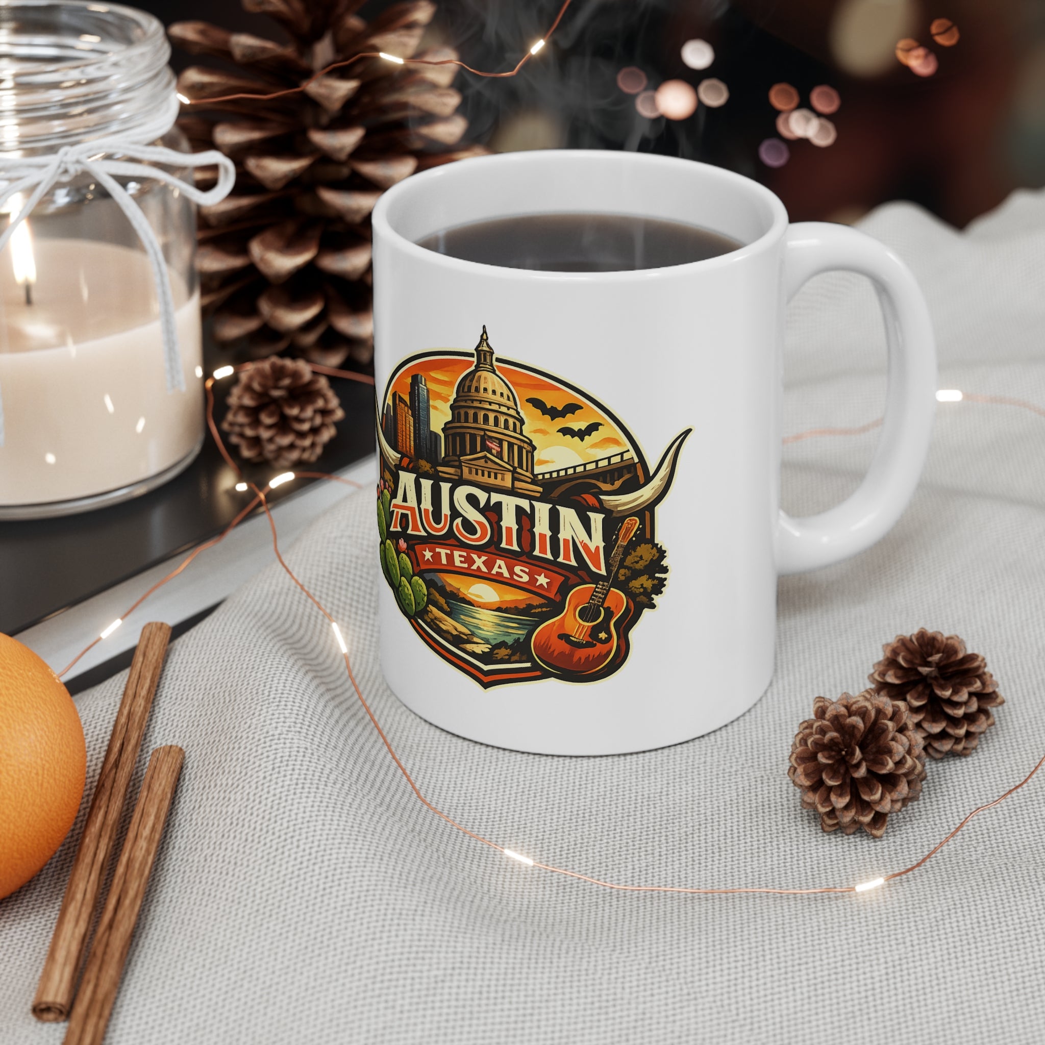 Austin Texas Coffee Mug — Vintage Capitol & Guitar Ceramic Mug (11oz/15oz)