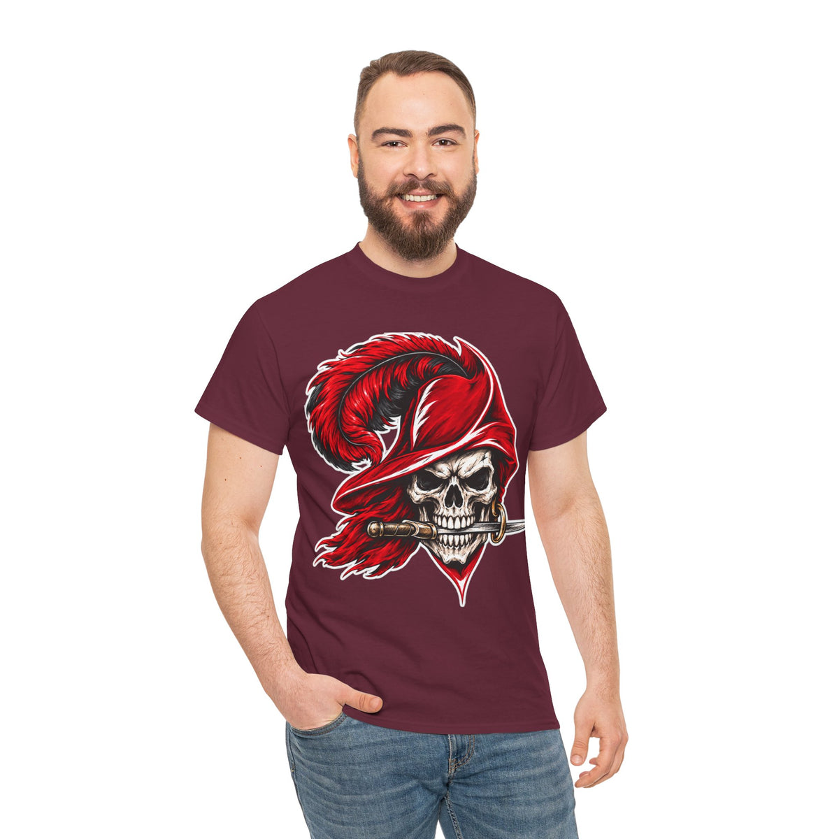 Skull Pirate Tee — Red Feathered Bandana Skull T‑Shirt