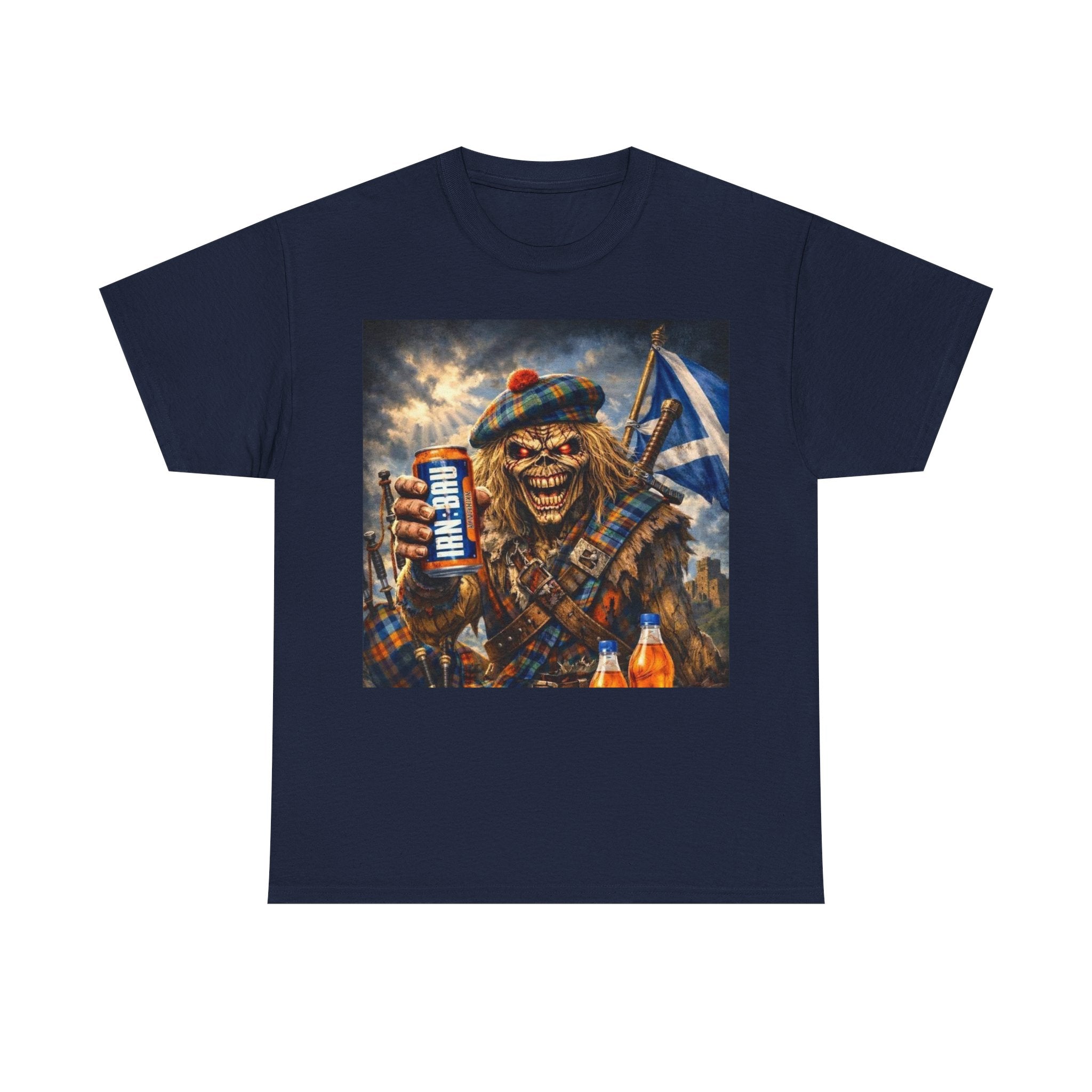 Scottish Rock Skull T‑Shirt — Eddie the Piper with Flag & Can Graphic Tee