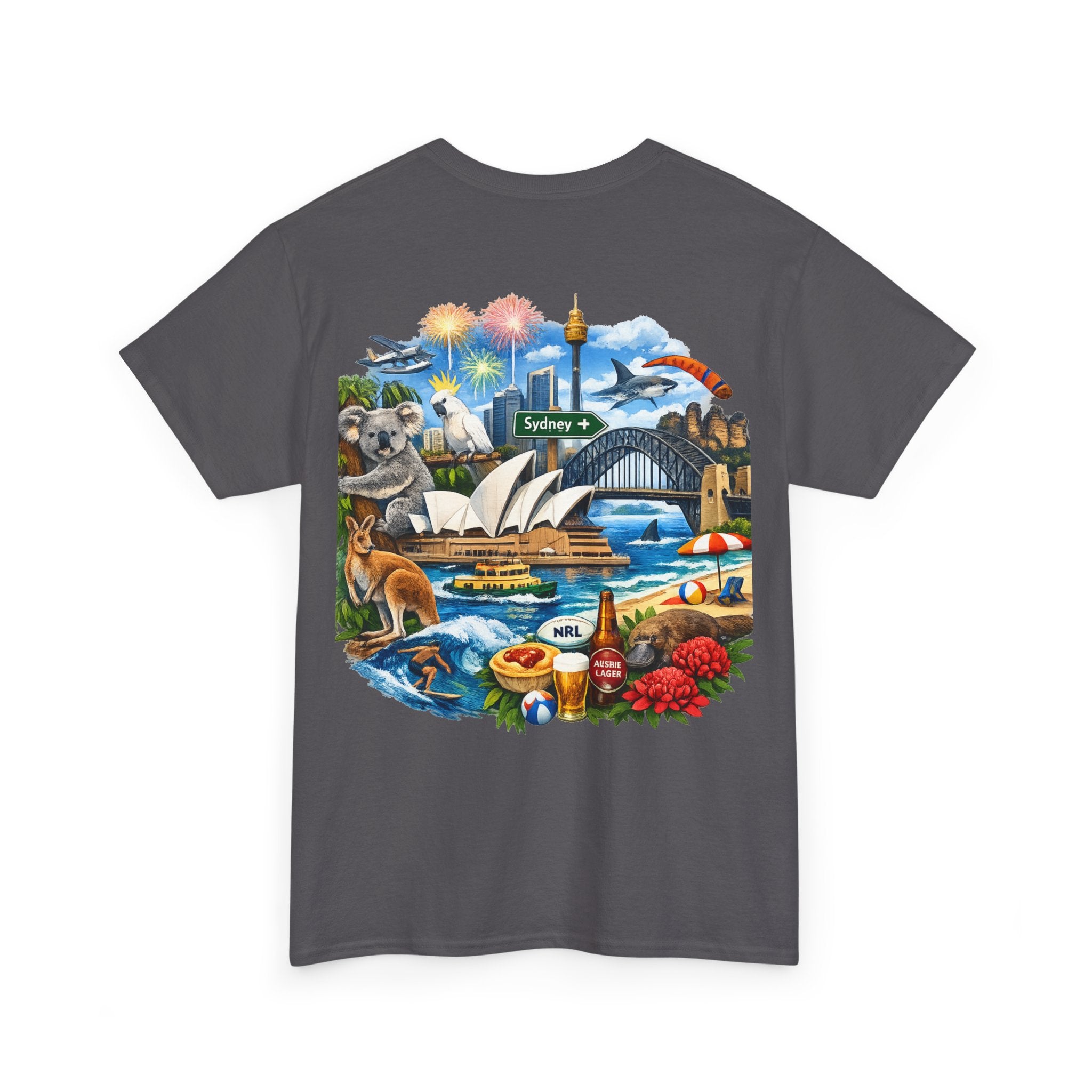 T-Shirt — Sydney Landmark Collage Tee (Opera House, Harbour Bridge, Koala & Beach Scene)
