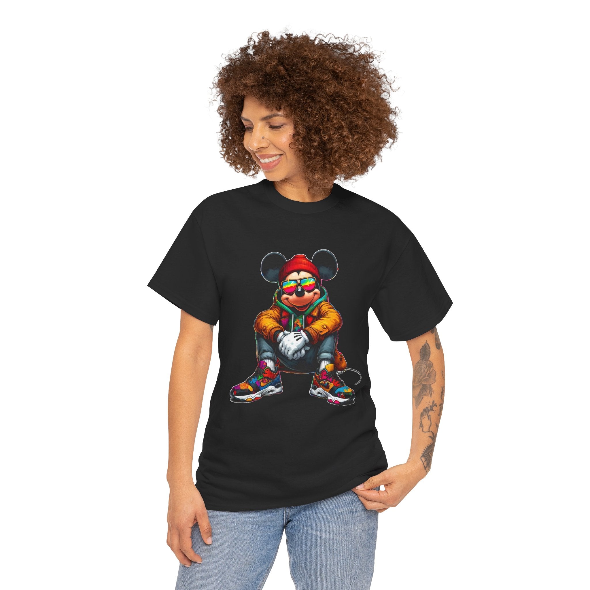 Mickey Mouse Streetwear Graphic Tee — Hip-Hop Mouse Character Sitting in Sneakers