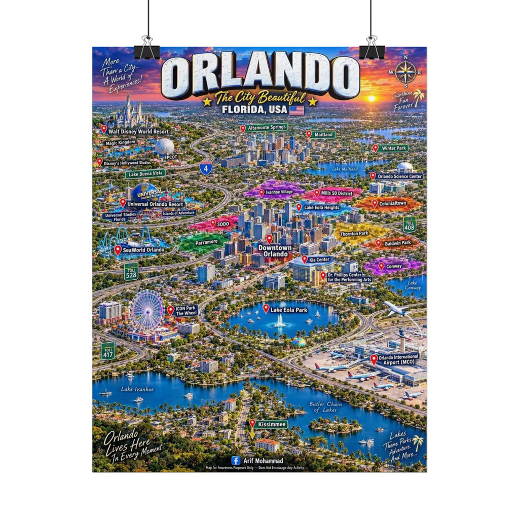 Orlando Map Poster – Colorful Aerial City Map of Orlando, Florida (Rolled Poster)
