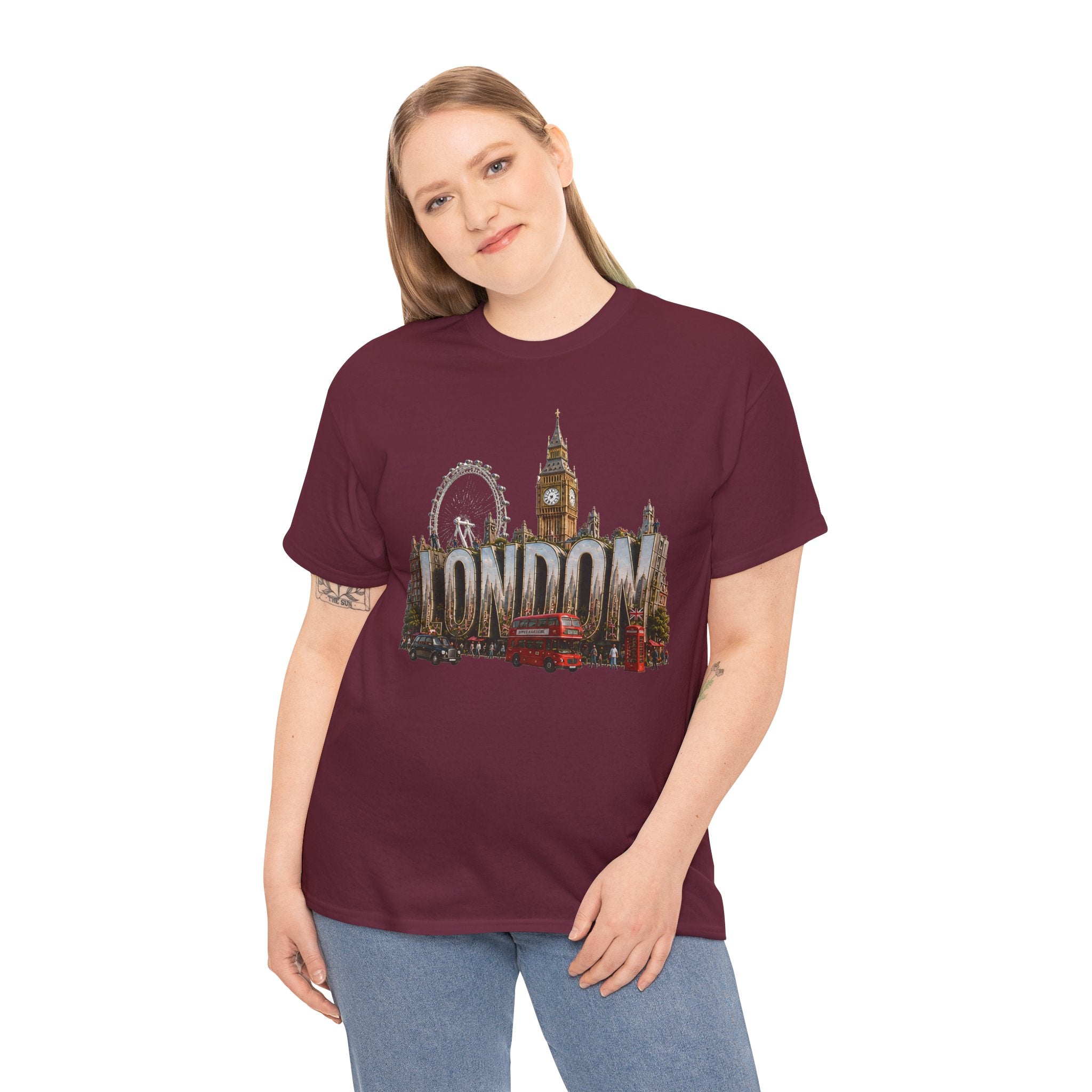 London Skyline T-Shirt — London Text with Big Ben & London Eye Graphic