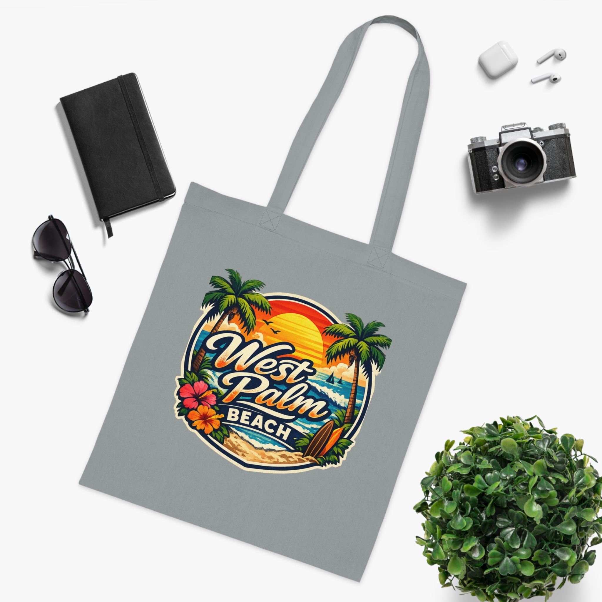 West Palm Beach Cotton Tote — Vintage Tropical Beach Palm Tree Design