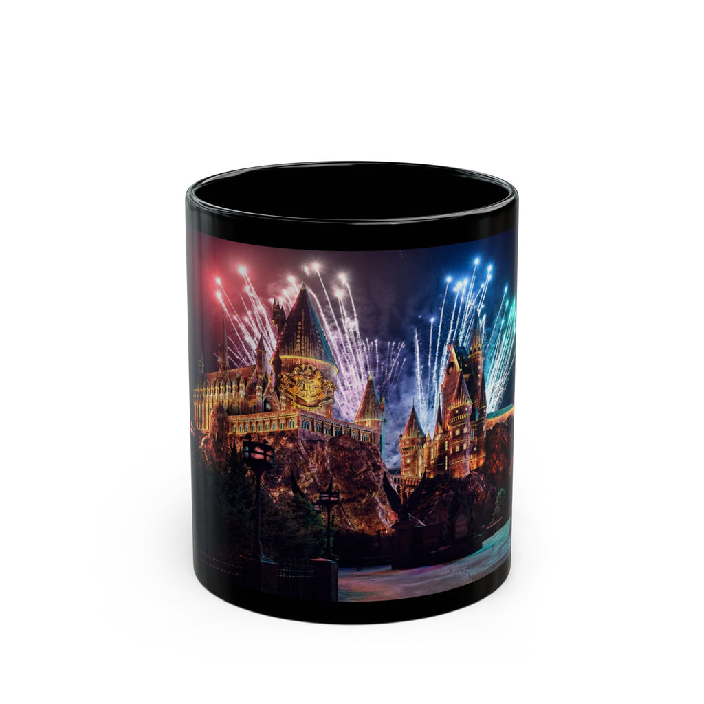 Hogwarts Castle Fireworks Night Black Mug — Castle Nightscape Coffee Cup (11oz/15oz)