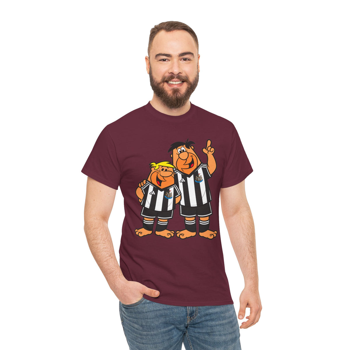 Newcastle United Flintstones Cartoon Cotton T-Shirt / Tee — Retro Striped Jersey Illustrations