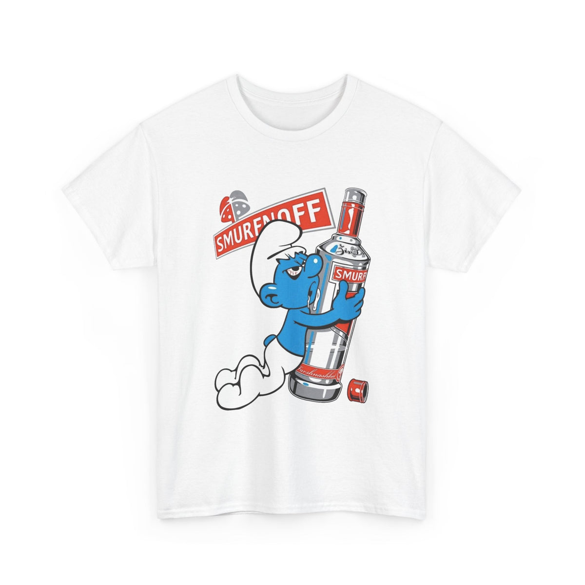 Smurf Holding Bottle Graphic Tee — "Smurf Off" Retro Cartoon T-Shirt