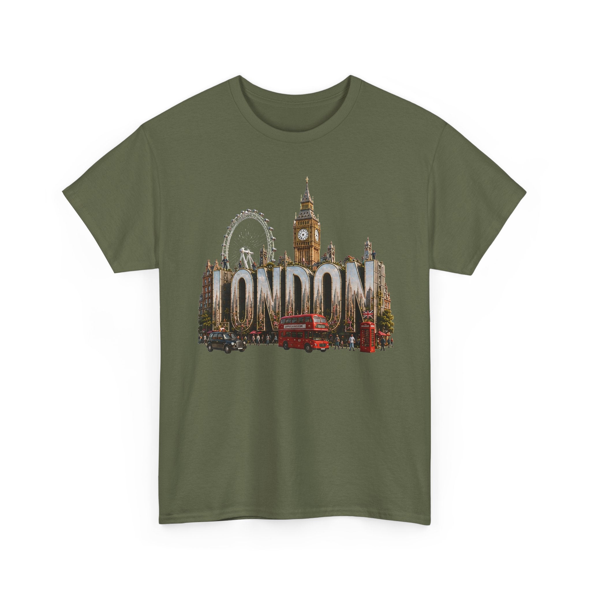 London Skyline T-Shirt — London Text with Big Ben & London Eye Graphic