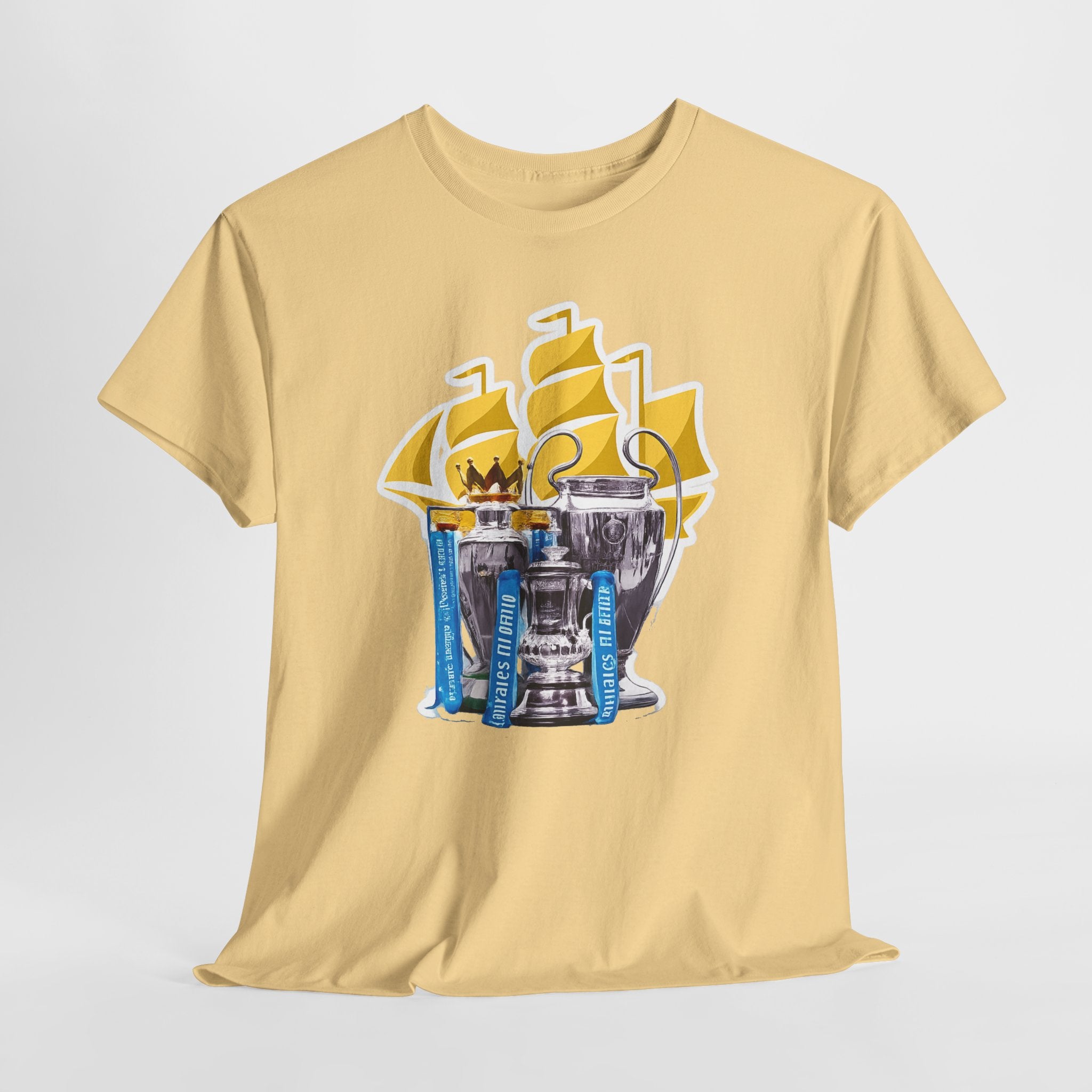 Manchester City Champions Trophy Tee – Golden Cups & Blue Scarves Football Fan Shirt