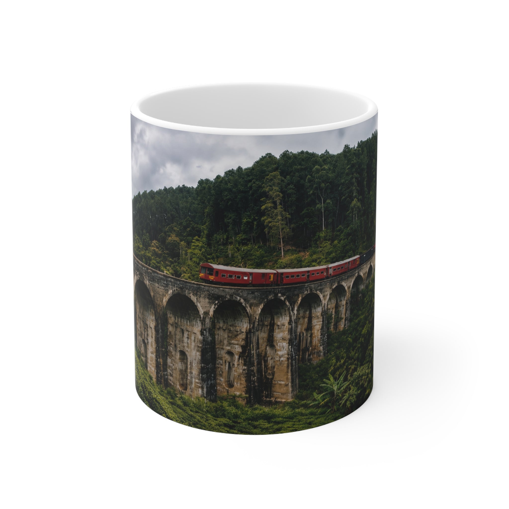 Scenic Viaduct Train Ceramic Mug – Vintage Red Engine on Mountain Bridge (11oz/15oz)