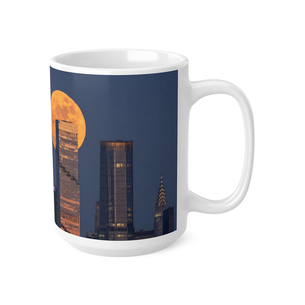 New York City Skyline Mug with Full Moon – NYC Nightscape Ceramic Coffee Cup (11oz, 15oz)