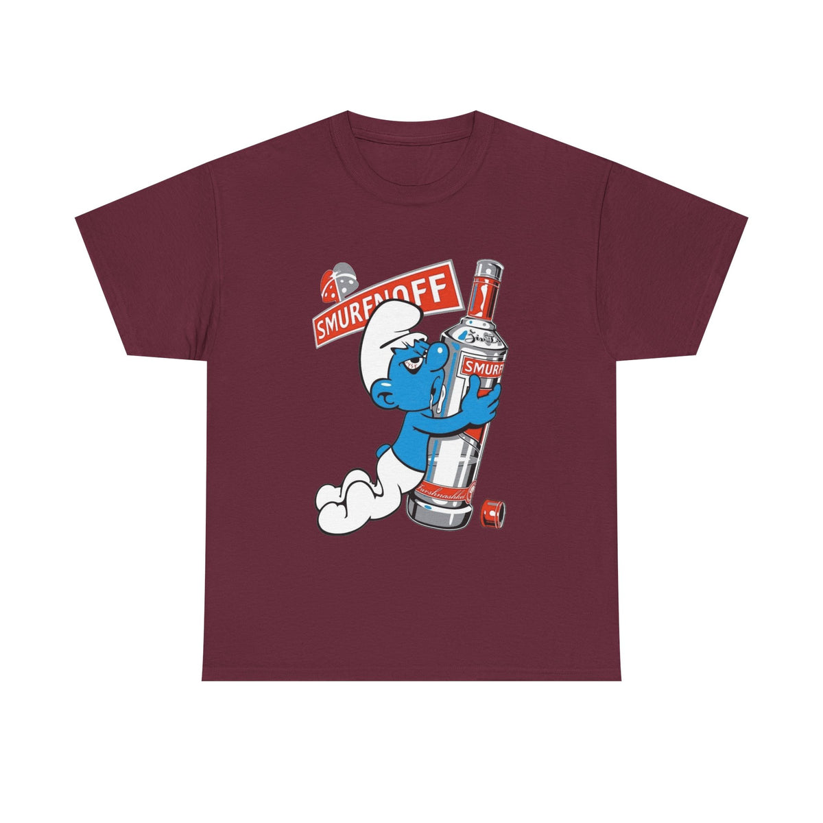 Smurf Holding Bottle Graphic Tee — "Smurf Off" Retro Cartoon T-Shirt