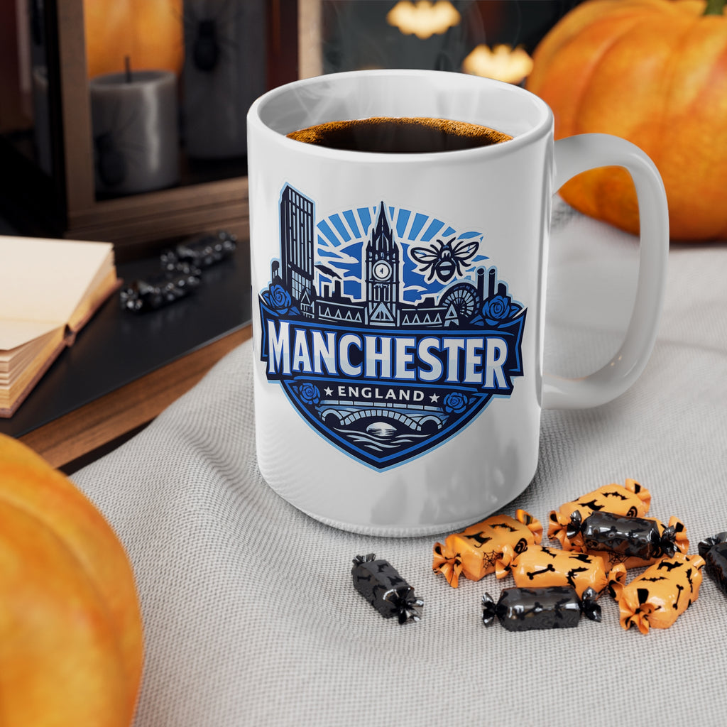 Manchester England Skyline Ceramic Mug — 11oz & 15oz Souvenir Coffee Cup