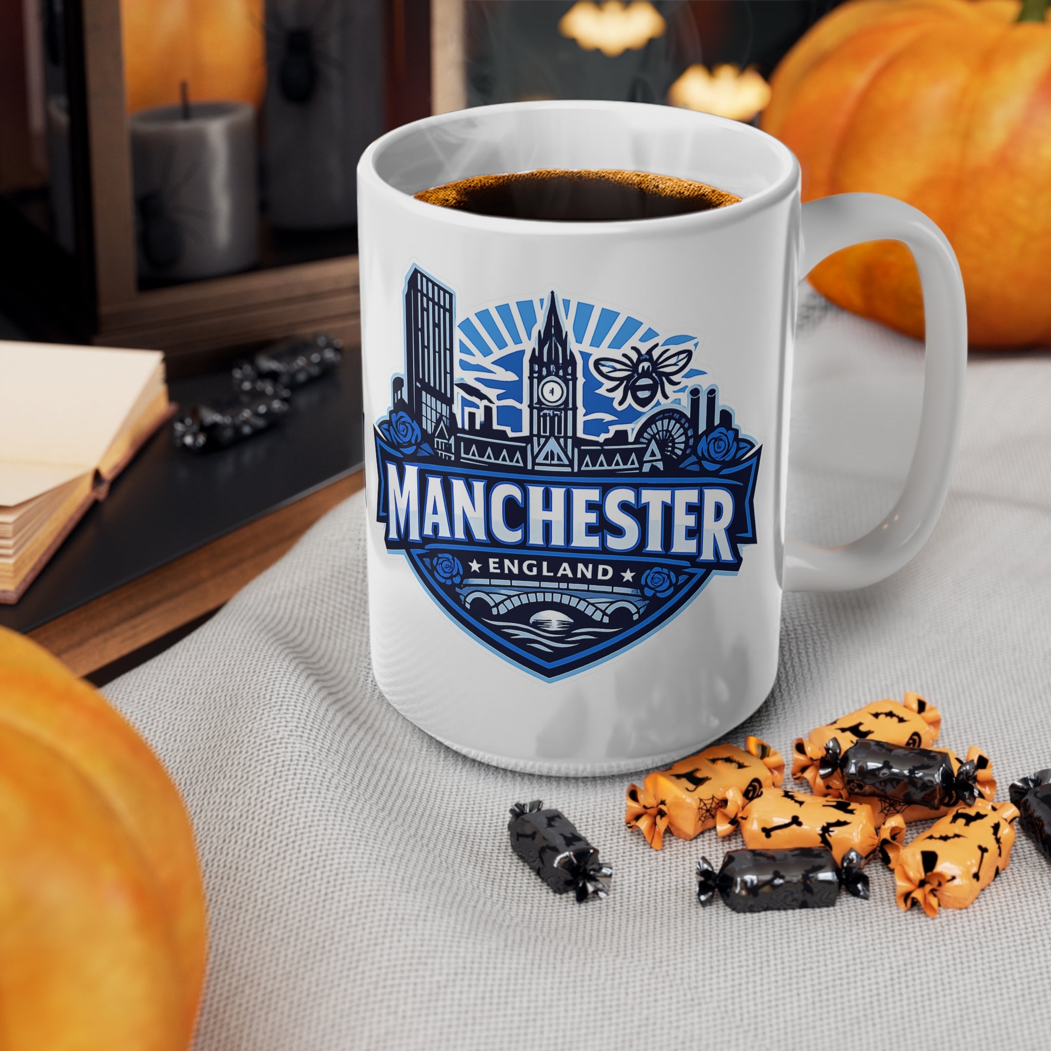 Manchester England Skyline Ceramic Mug — 11oz & 15oz Souvenir Coffee Cup
