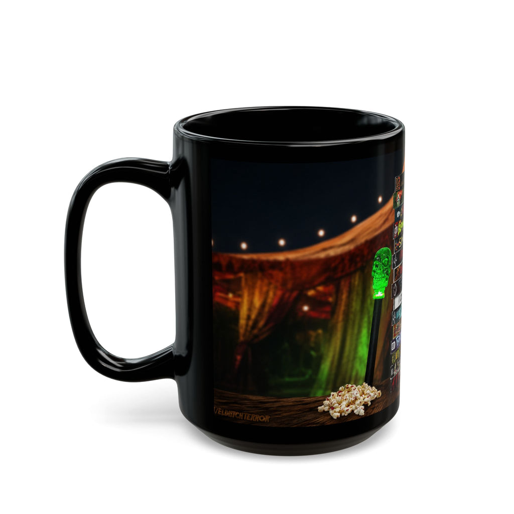 Gothic Horror Bookstack Black Coffee Mug — Vintage Circus, Witchy Reading Vibe (11oz/15oz)