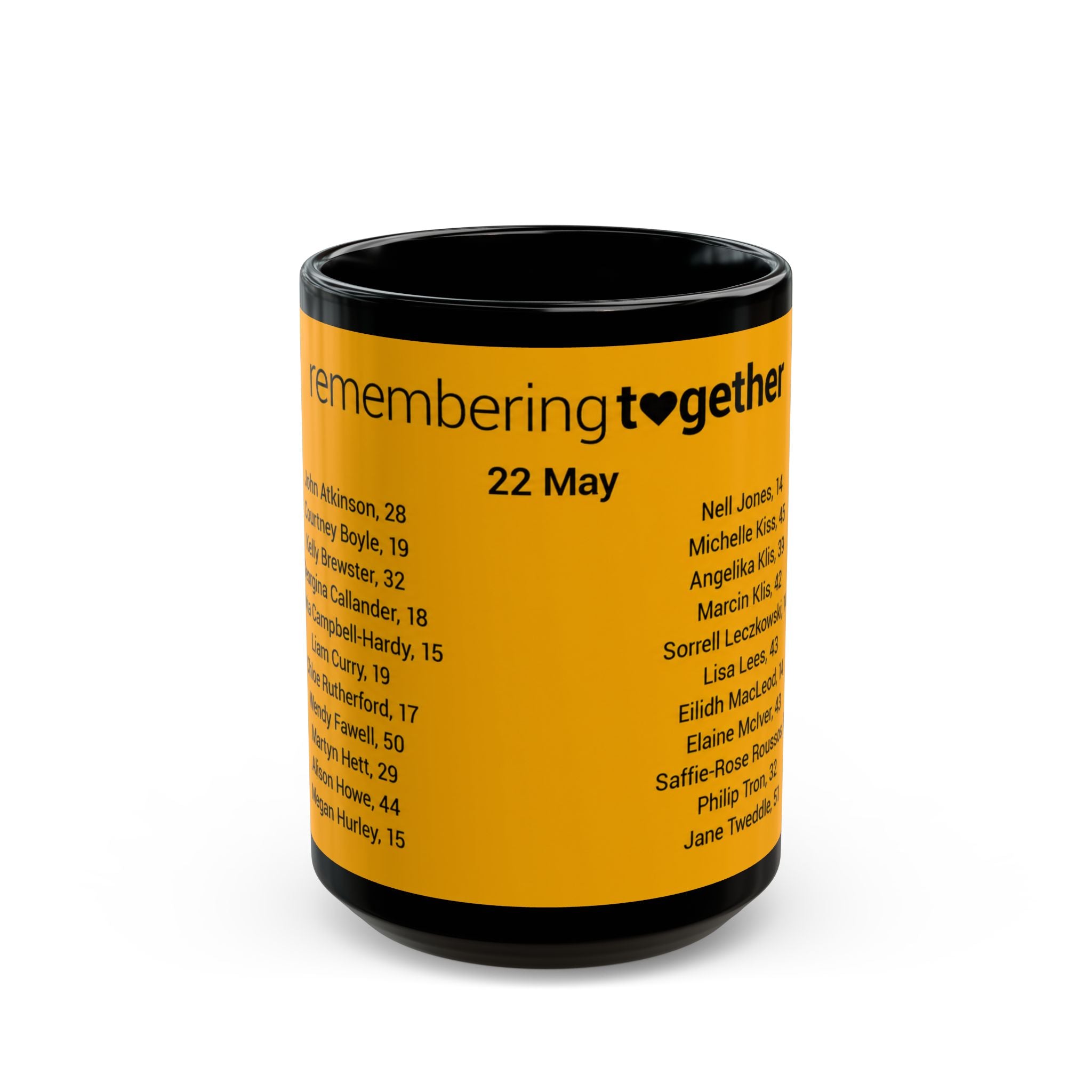 Manchester Arena Memorial Names Black Mug — "Remembering Together 22 May" Tribute Coffee Cup (11oz/15oz)