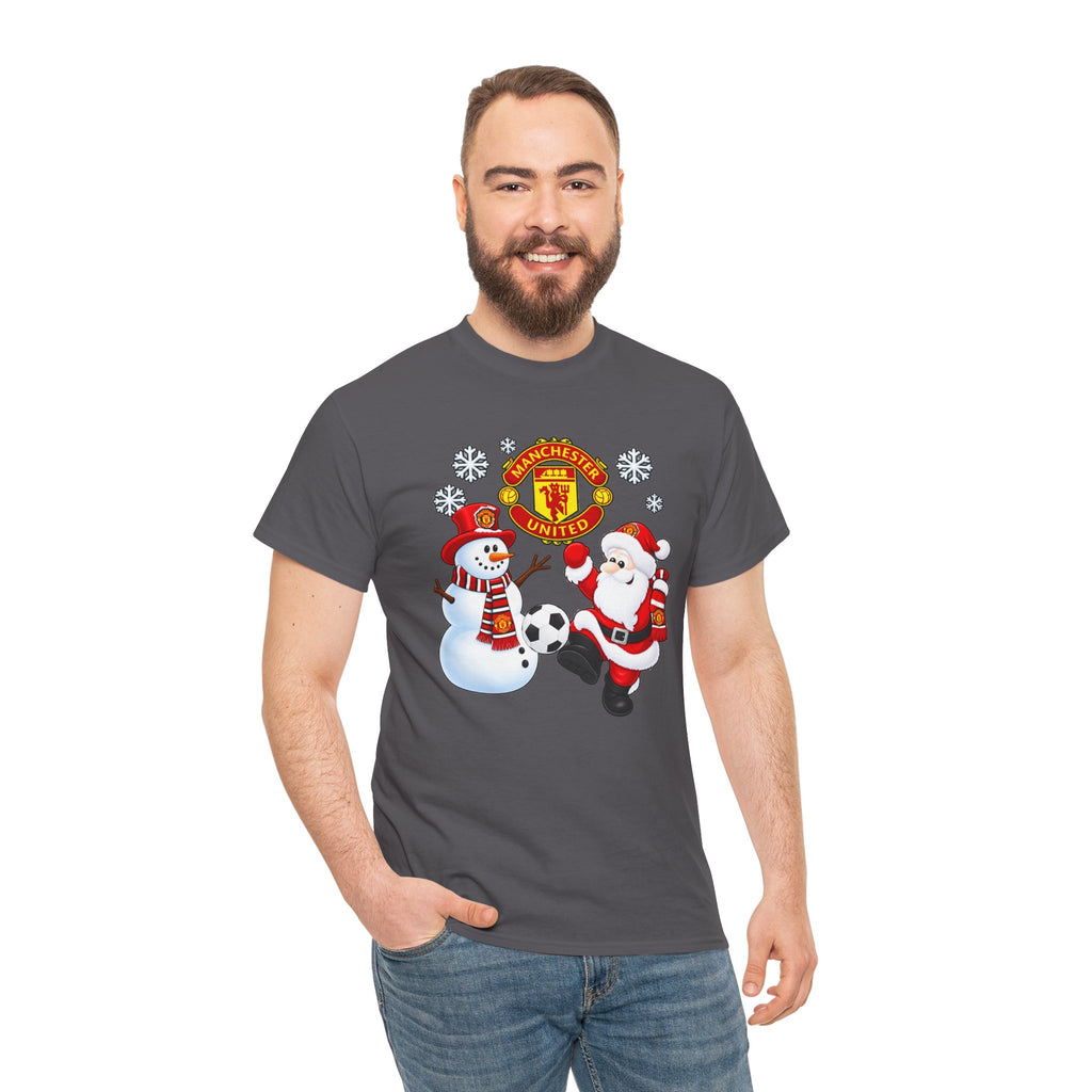Manchester United Christmas Cotton Tee — Santa & Snowman Football Holiday Shirt
