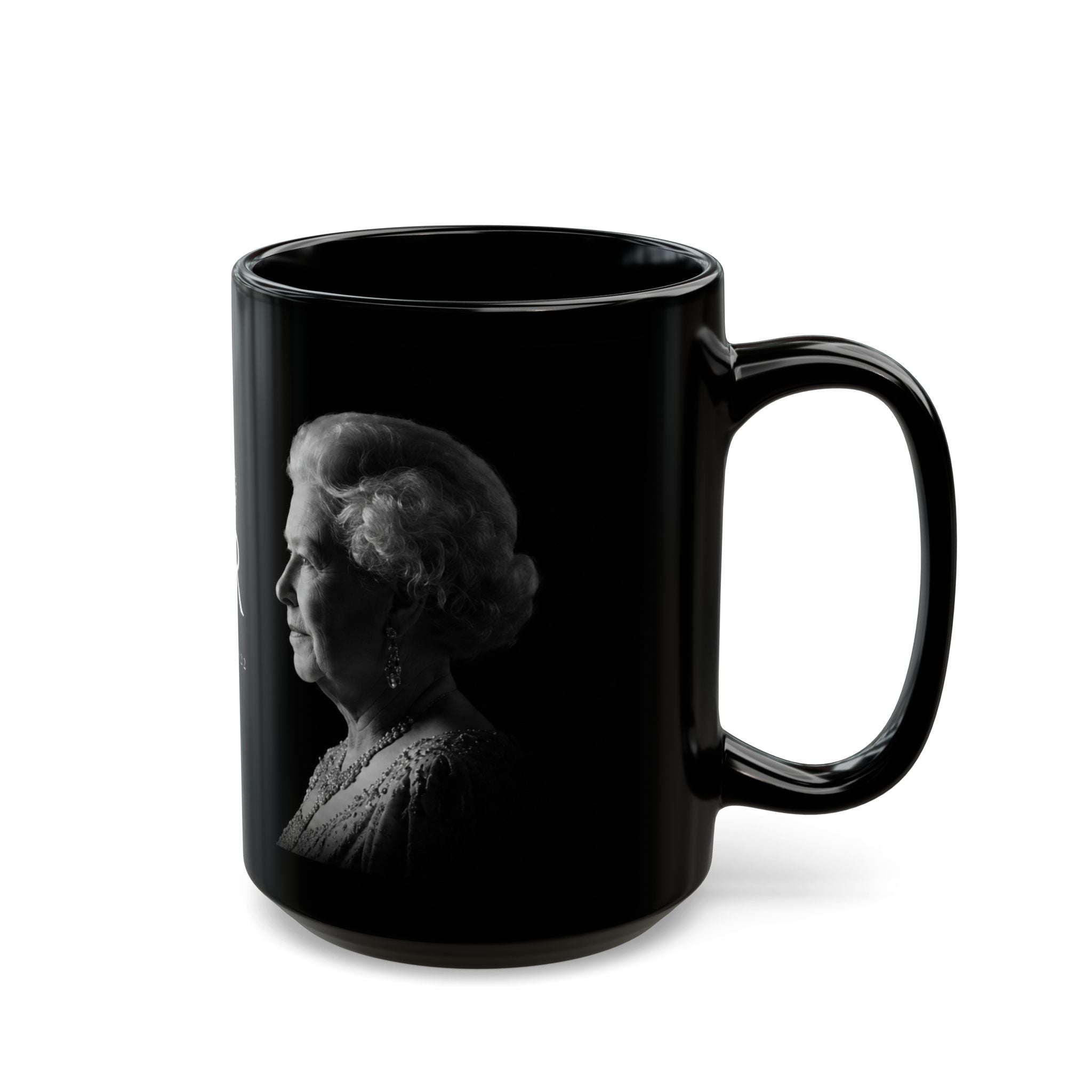 Queen Elizabeth II Memorial Black Mug – E II R Tribute Design (1926–2022)
