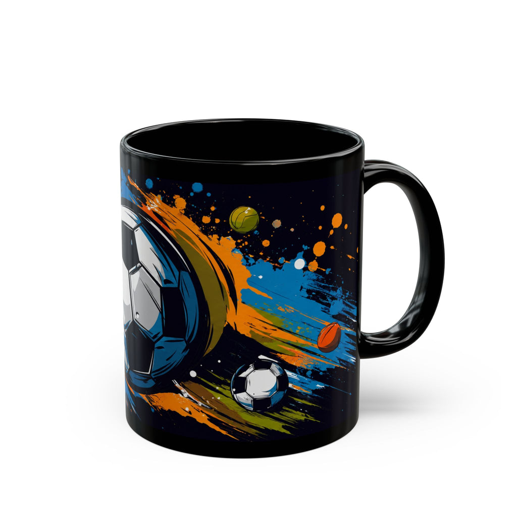 Soccer Splash Black Mug (11oz & 15oz) – Colorful Football Design for Fans & Coaches