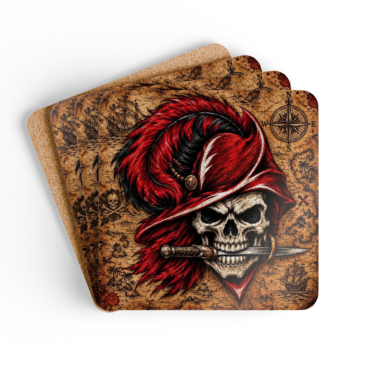 Pirate Skull Cork Coaster Set — Red Feather Buccaneer Drink Coasters