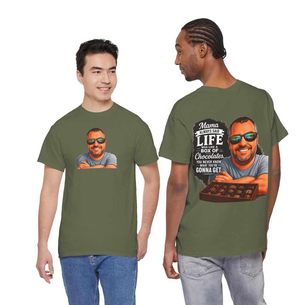 T-Shirt — "Mama Always Said Life Is Like A Box Of Chocolates" Graphic Tee (Funny Retro Portrait)