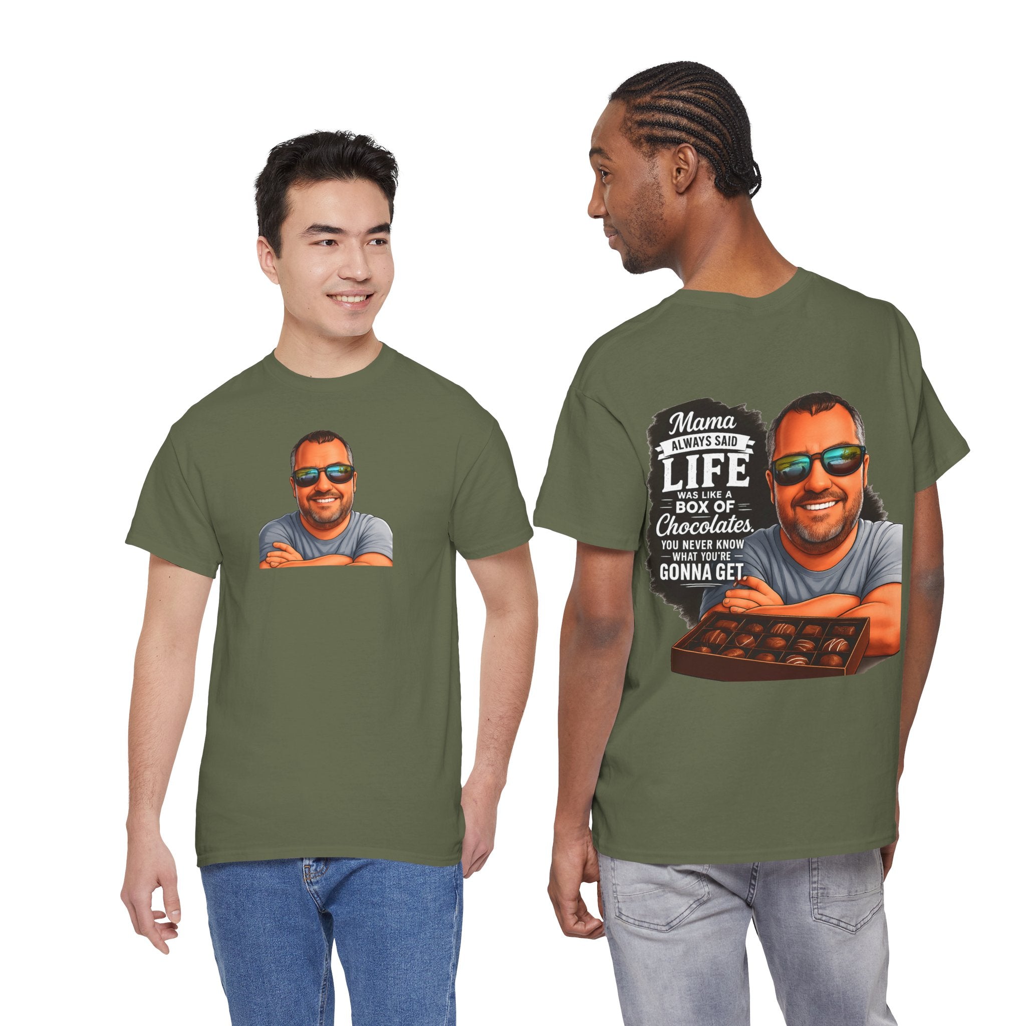 T-Shirt — "Mama Always Said Life Is Like A Box Of Chocolates" Graphic Tee (Funny Retro Portrait)