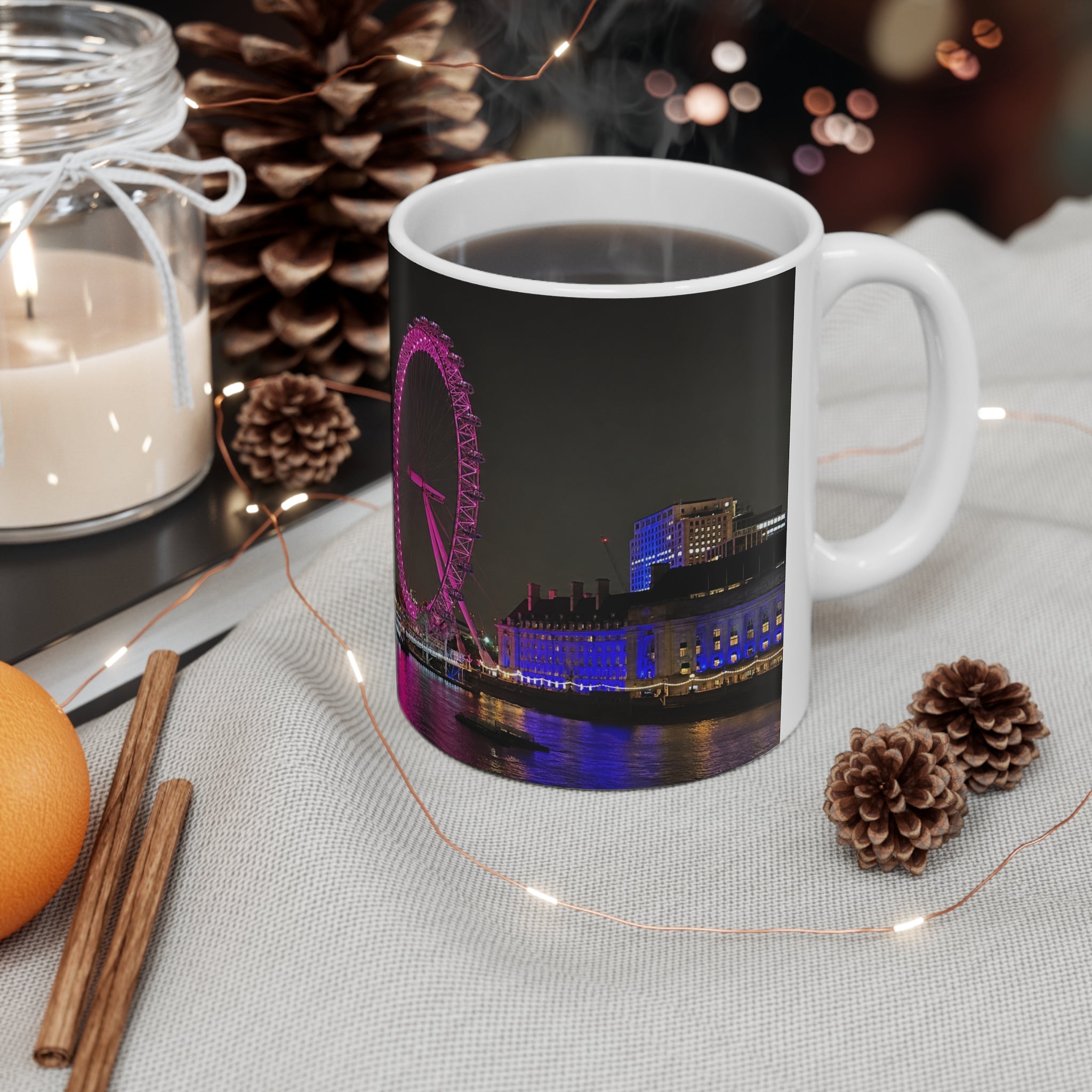 London Eye Nightscape Ceramic Mug — Pink London Eye & River Thames Coffee Cup (11oz & 15oz)