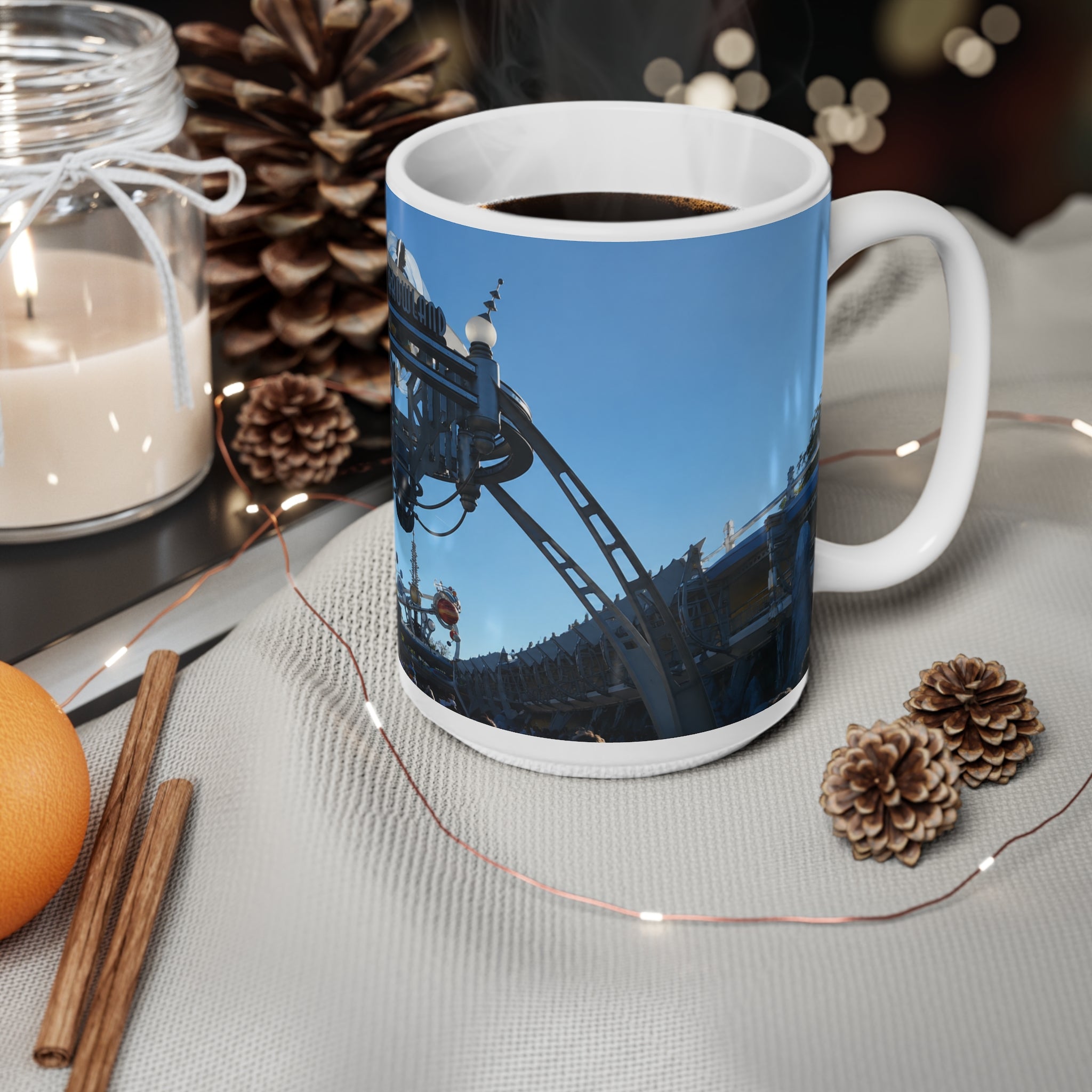 Tomorrowland Sign Photo Ceramic Mug — Vintage Carnival Sky Coffee Cup (11oz/15oz)