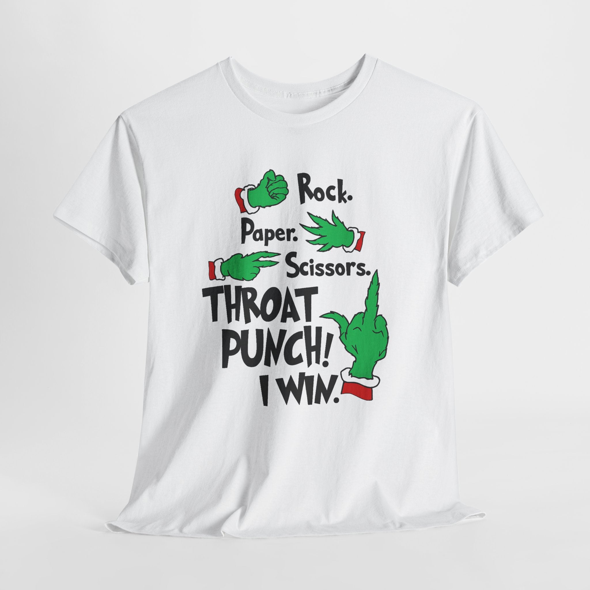 Funny Holiday Tee — "Rock. Paper. Scissors. Throat Punch! I Win" Graphic T-Shirt