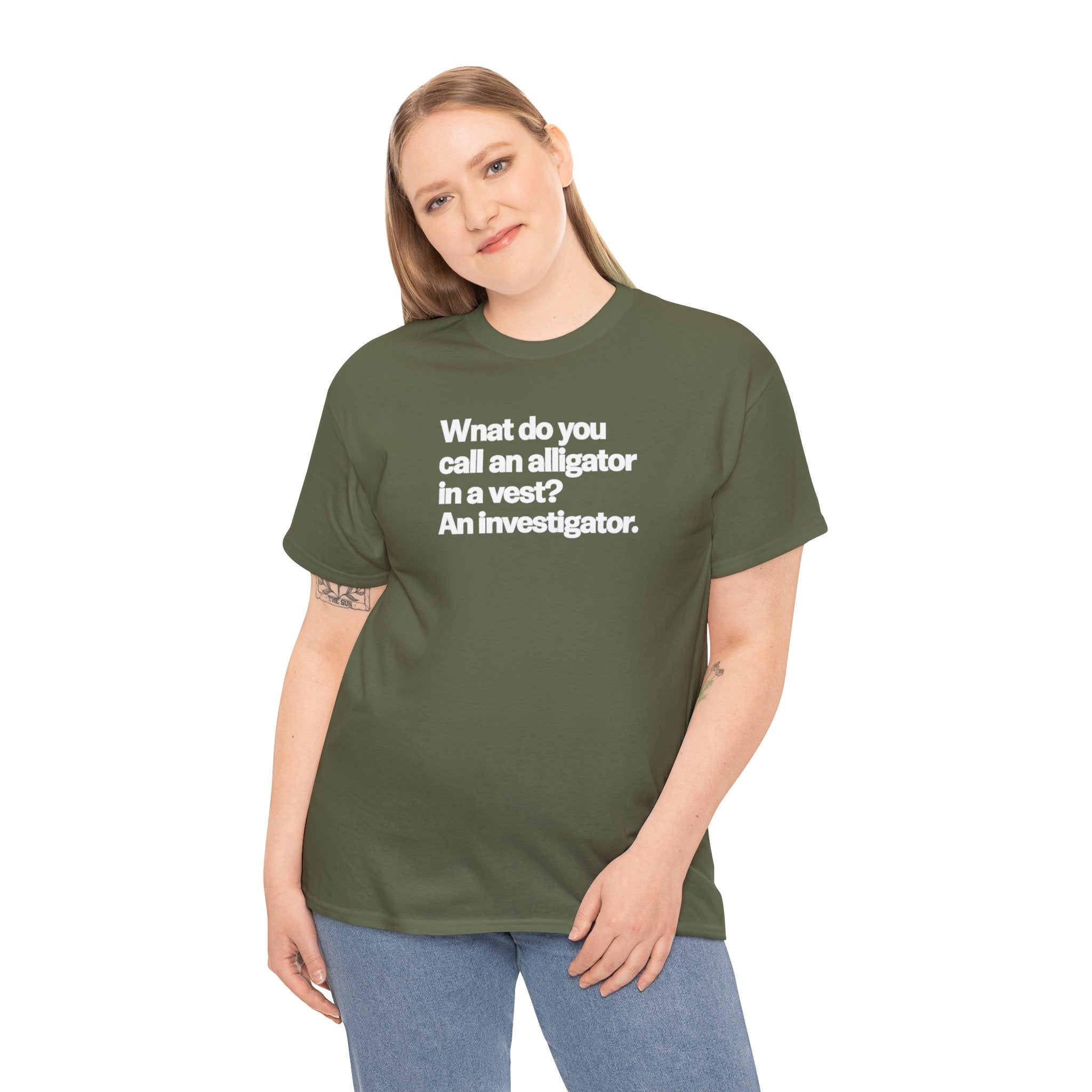 What do you call an Alligator White Minimalist Funny Tee — Subtle Embossed Text Casual T-Shirt