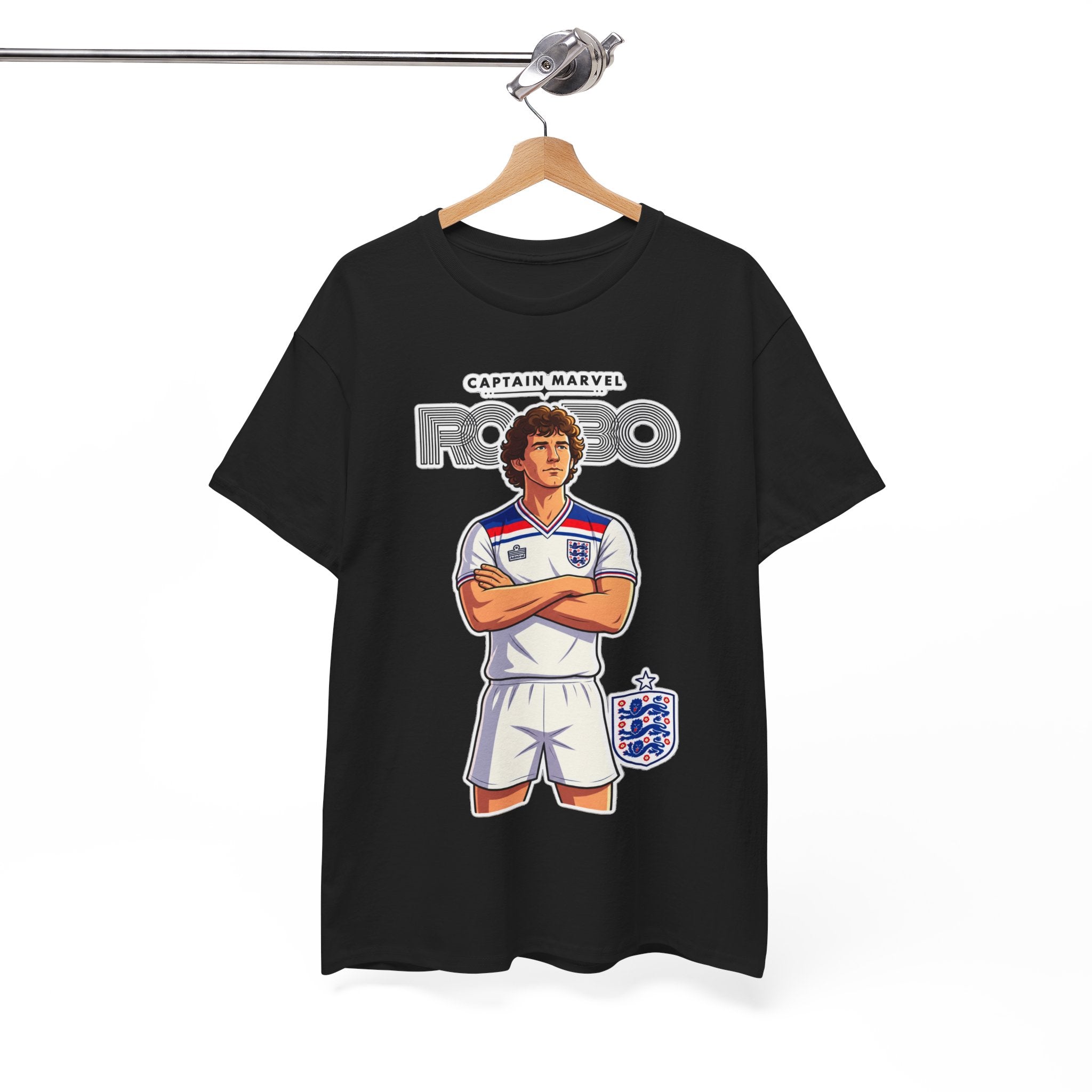 Bryan Robson Retro England Football Cotton T-Shirt / Tee — "Captain Marvel" Soccer Player Graphic