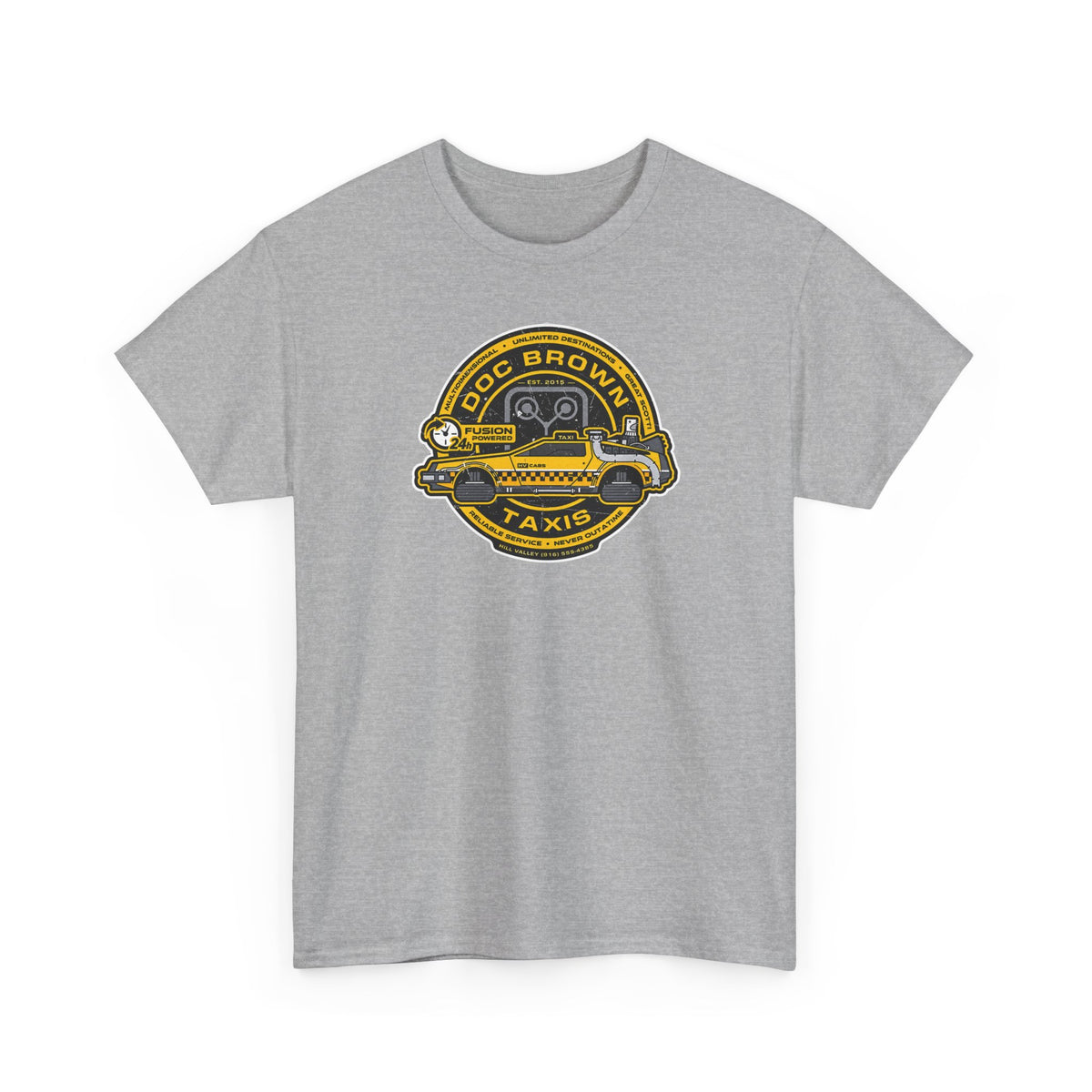 Vintage Taxi Badge T-Shirt — 'Doc Brown Taxis' Retro Cab Logo Tee