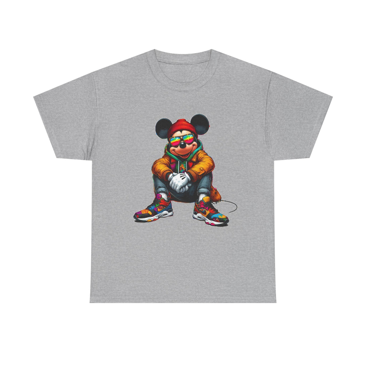 Mickey Mouse Streetwear Graphic Tee — Hip-Hop Mouse Character Sitting in Sneakers