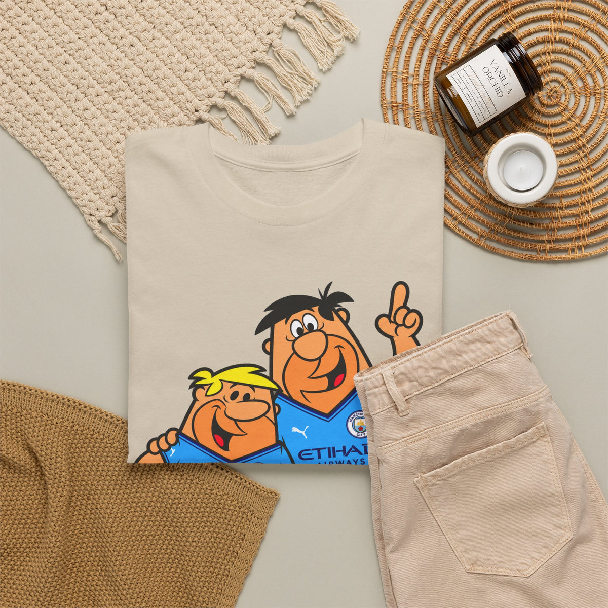 Manchester City The Flintstones Etihad Airways Cartoon Cotton T-Shirt