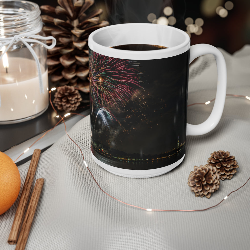 Statue of Liberty Fireworks Coffee Mug — Patriotic New York Night Skyline 11oz/15oz