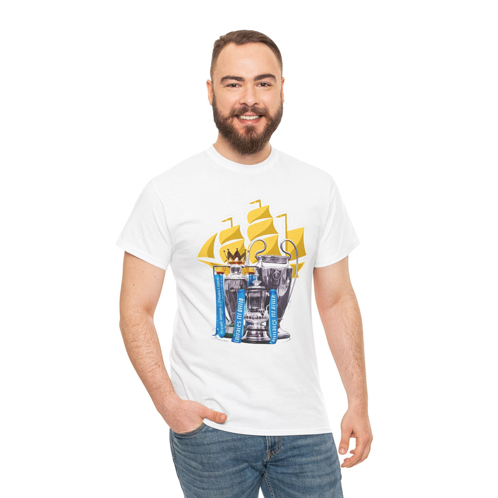 Manchester City Champions Trophy Tee – Golden Cups & Blue Scarves Football Fan Shirt