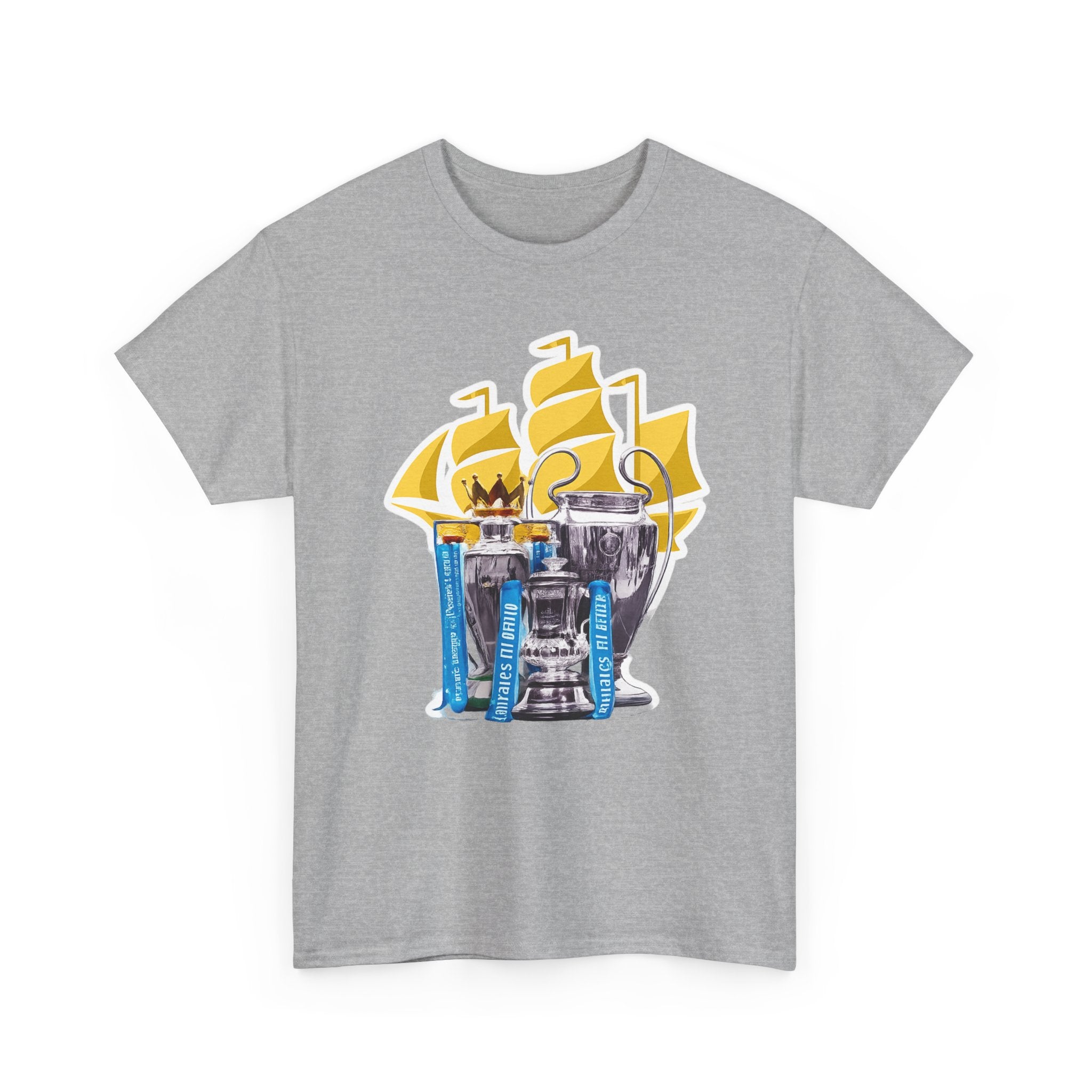 Manchester City Champions Trophy Tee – Golden Cups & Blue Scarves Football Fan Shirt