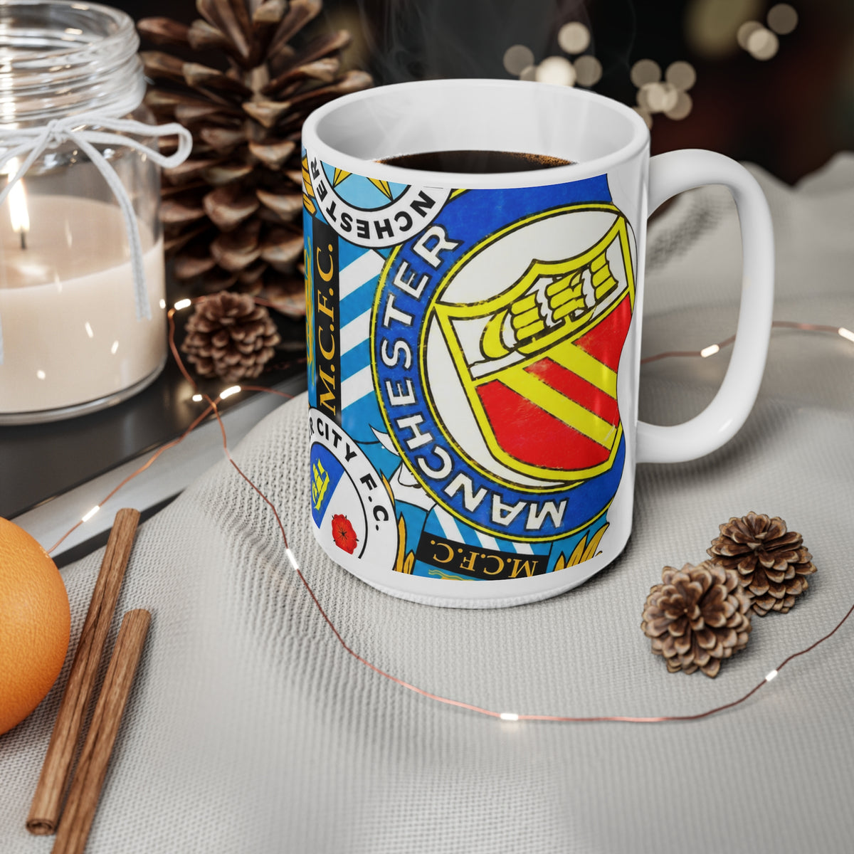Manchester City Crest Collage Mug — Ceramic Coffee Cup (11oz & 15oz)