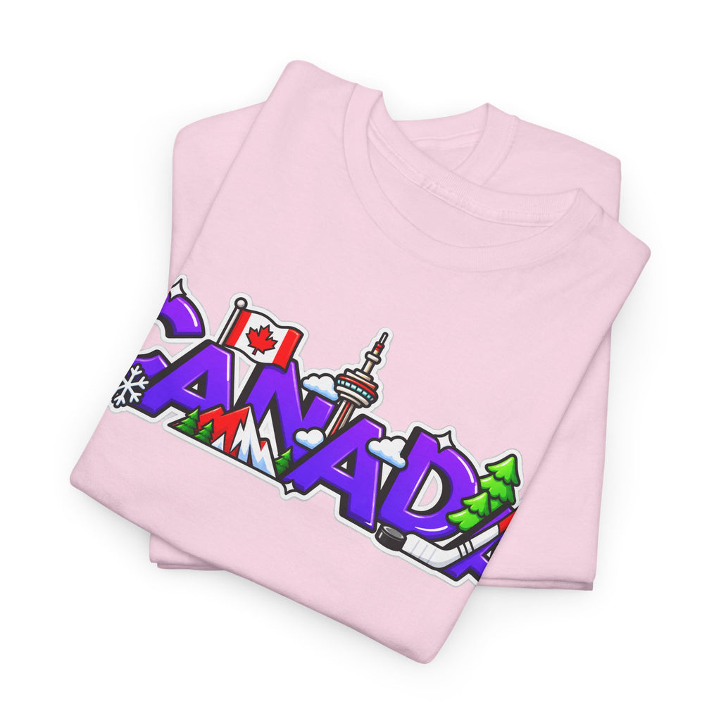 Canada Cartoon Graphic Tee — Canadian Landmark & Flag Travel T‑Shirt