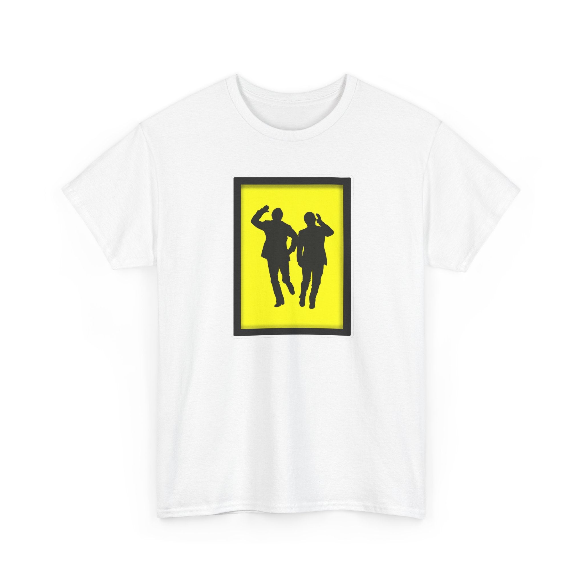 Morecambe and Wise Dancing Silhouette Tee – Retro Yellow Frame Graphic T-Shirt