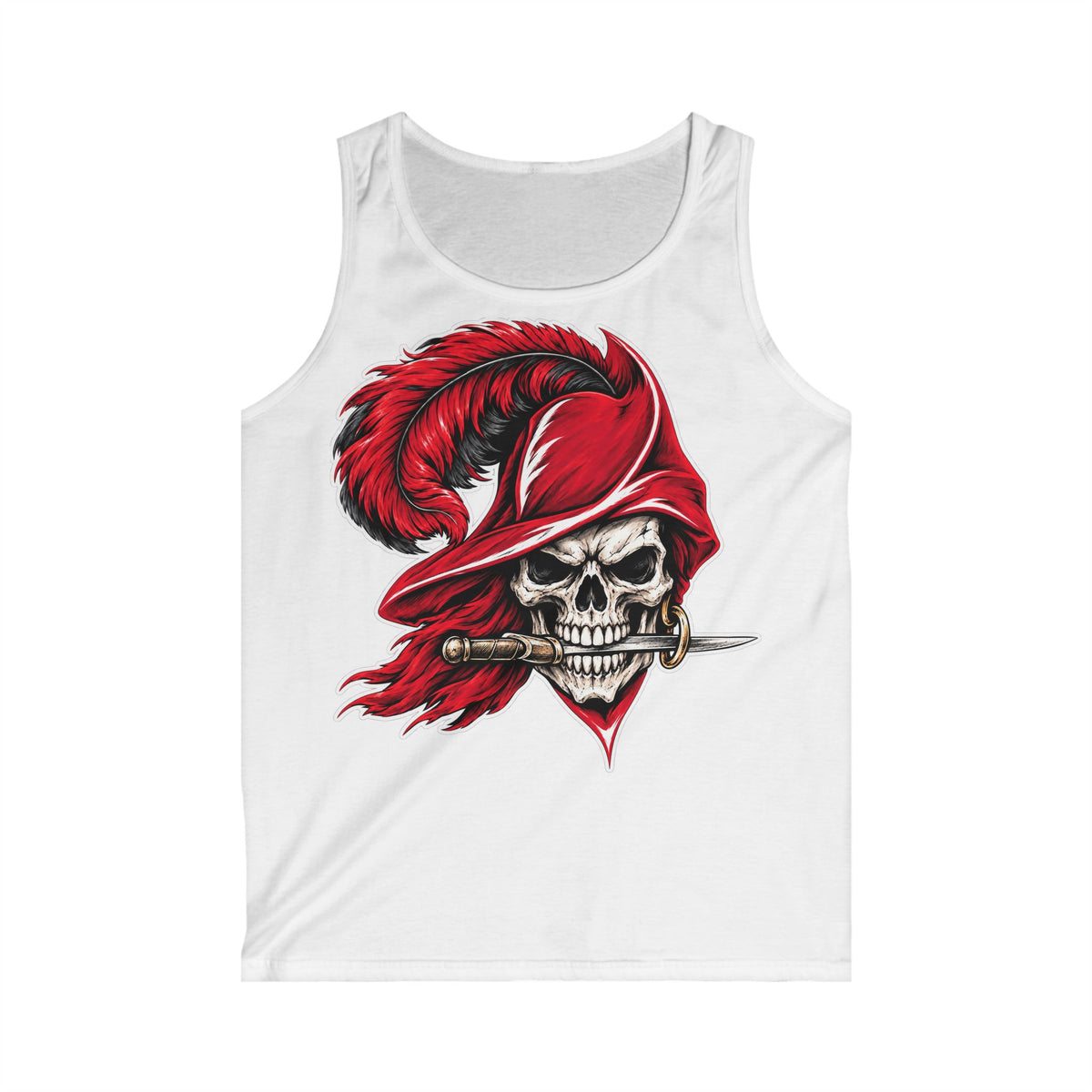 Skull Musketeer Tank Top — Red Feathered Pirate Skull Graphic