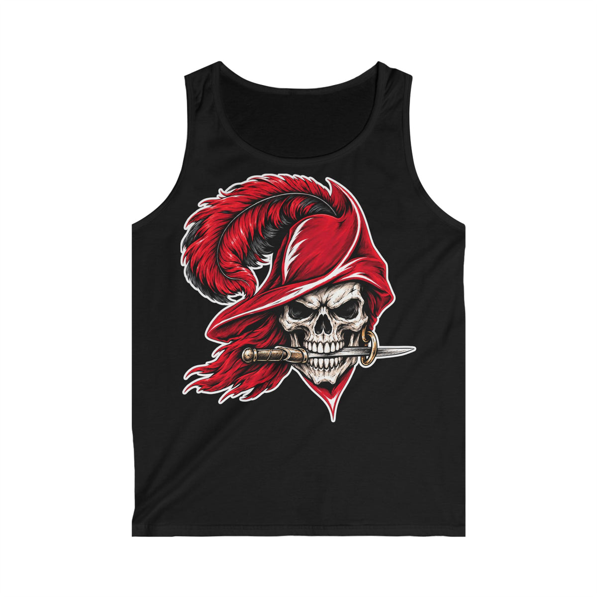 Skull Musketeer Tank Top — Red Feathered Pirate Skull Graphic