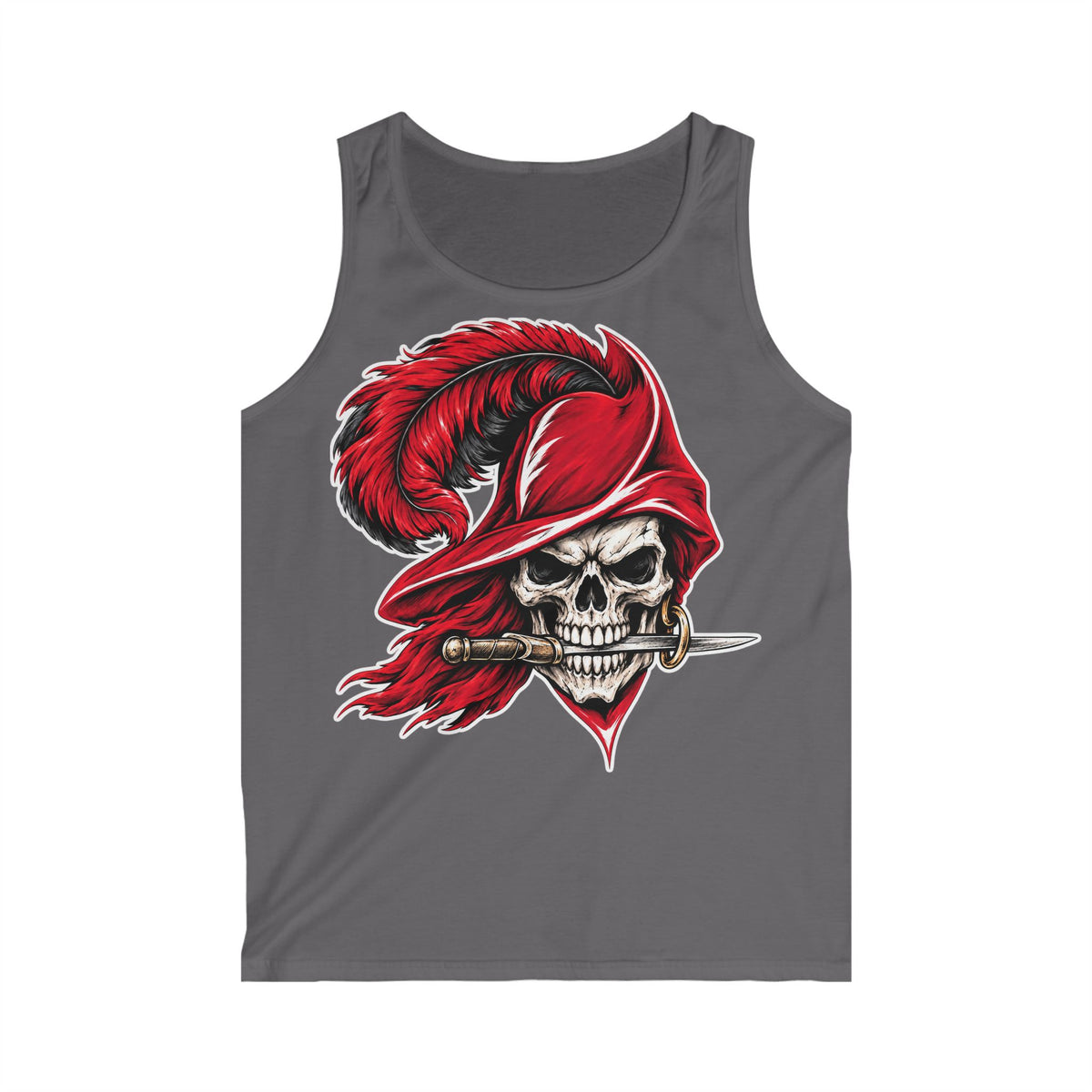 Skull Musketeer Tank Top — Red Feathered Pirate Skull Graphic